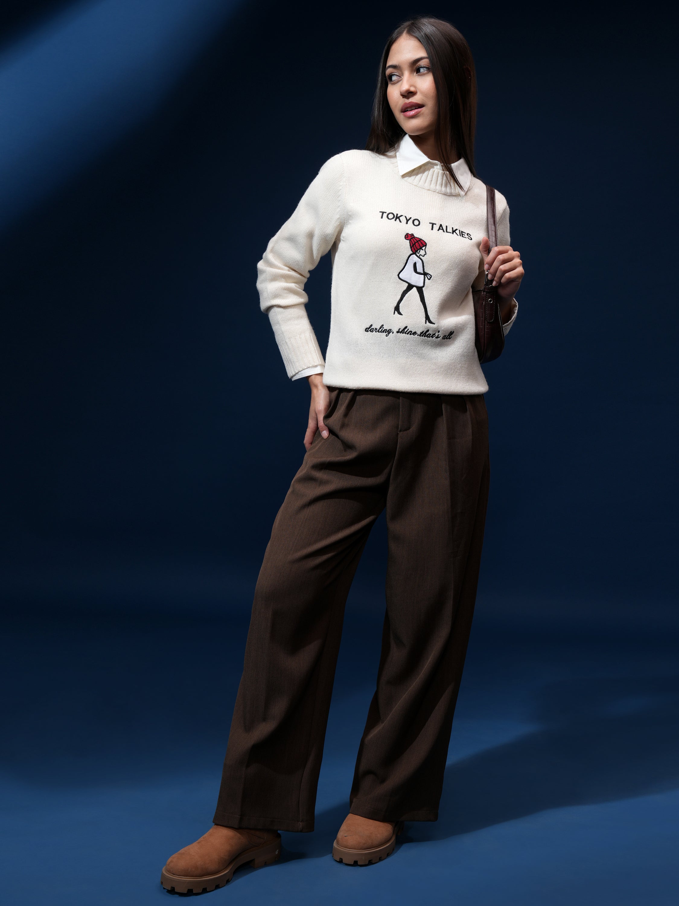 Tokyo Talkies Women Off White Round Neck Sweater - Off White - Image 2