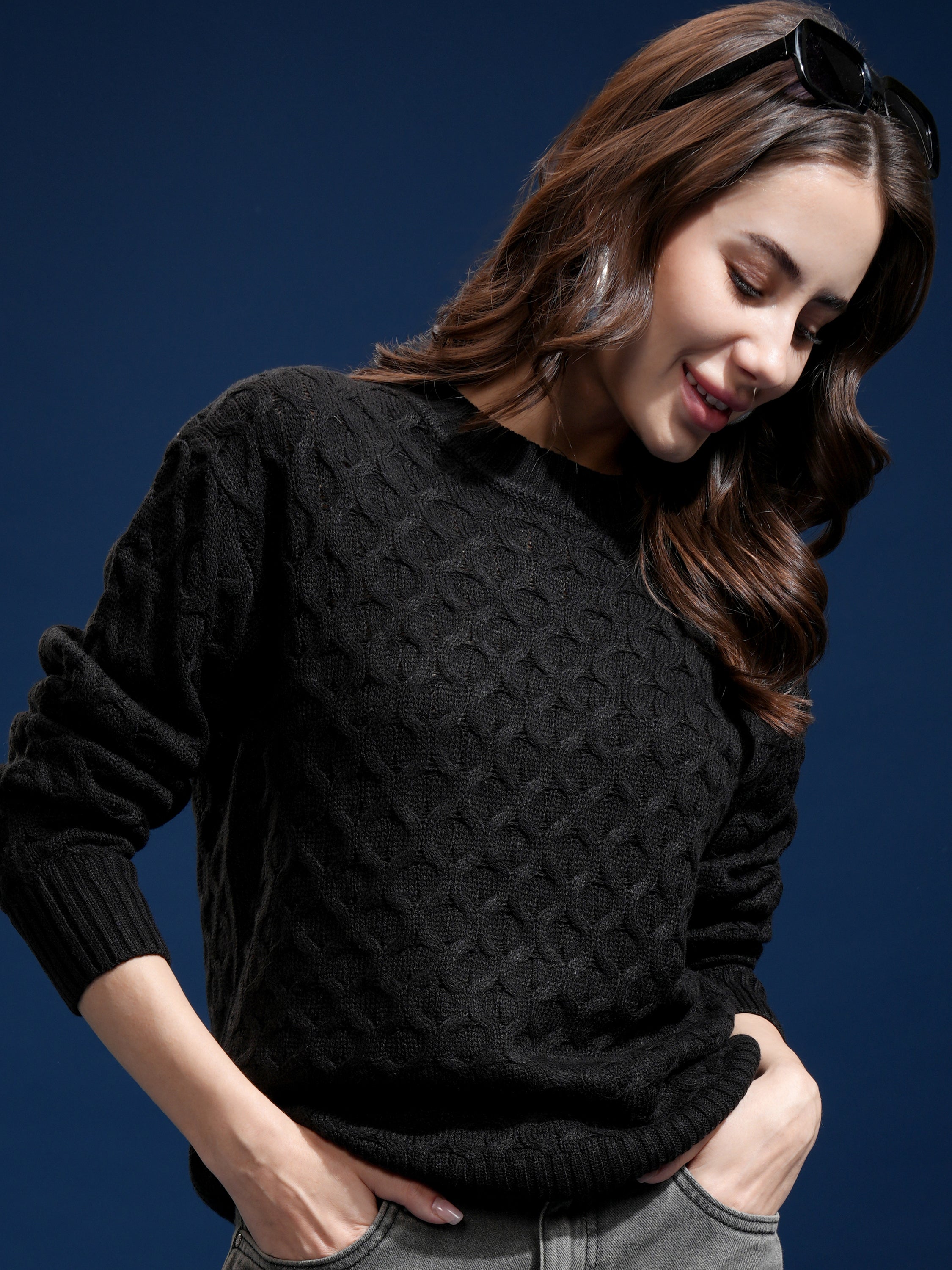 Tokyo Talkies Women Black Round Neck Sweater - Black - Image 1
