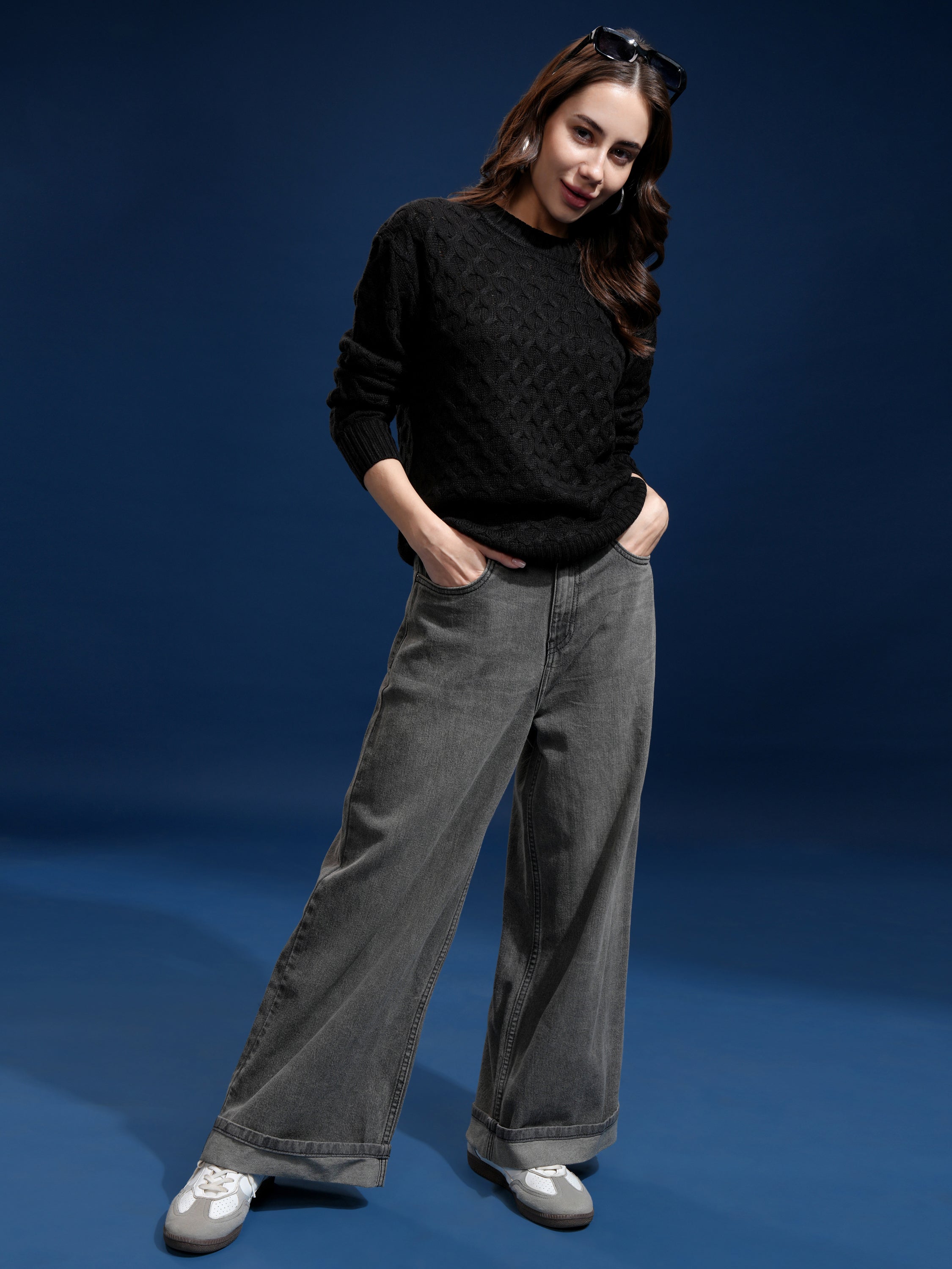 Tokyo Talkies Women Black Round Neck Sweater - Black - Image 2