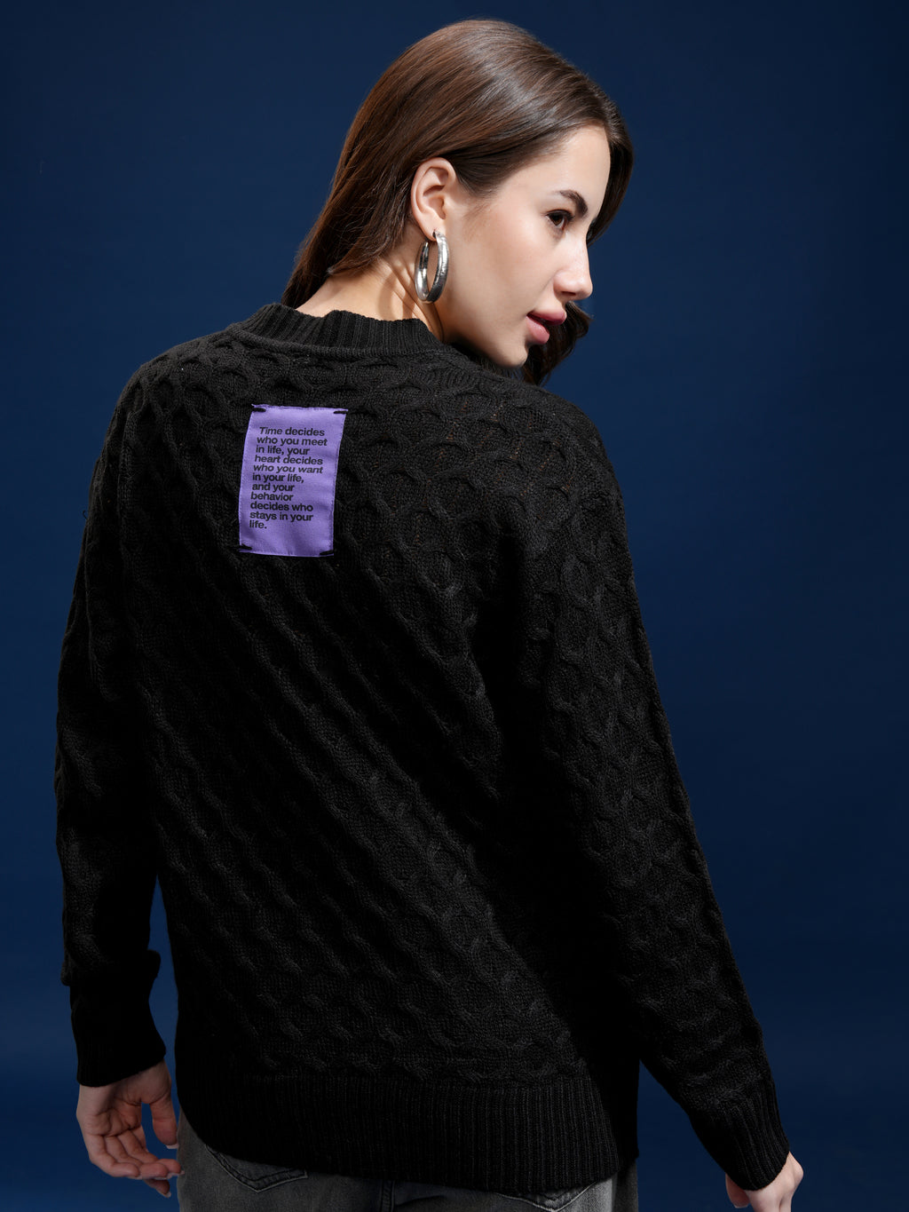 Tokyo Talkies Women Black Round Neck Sweater - Black - Image 3