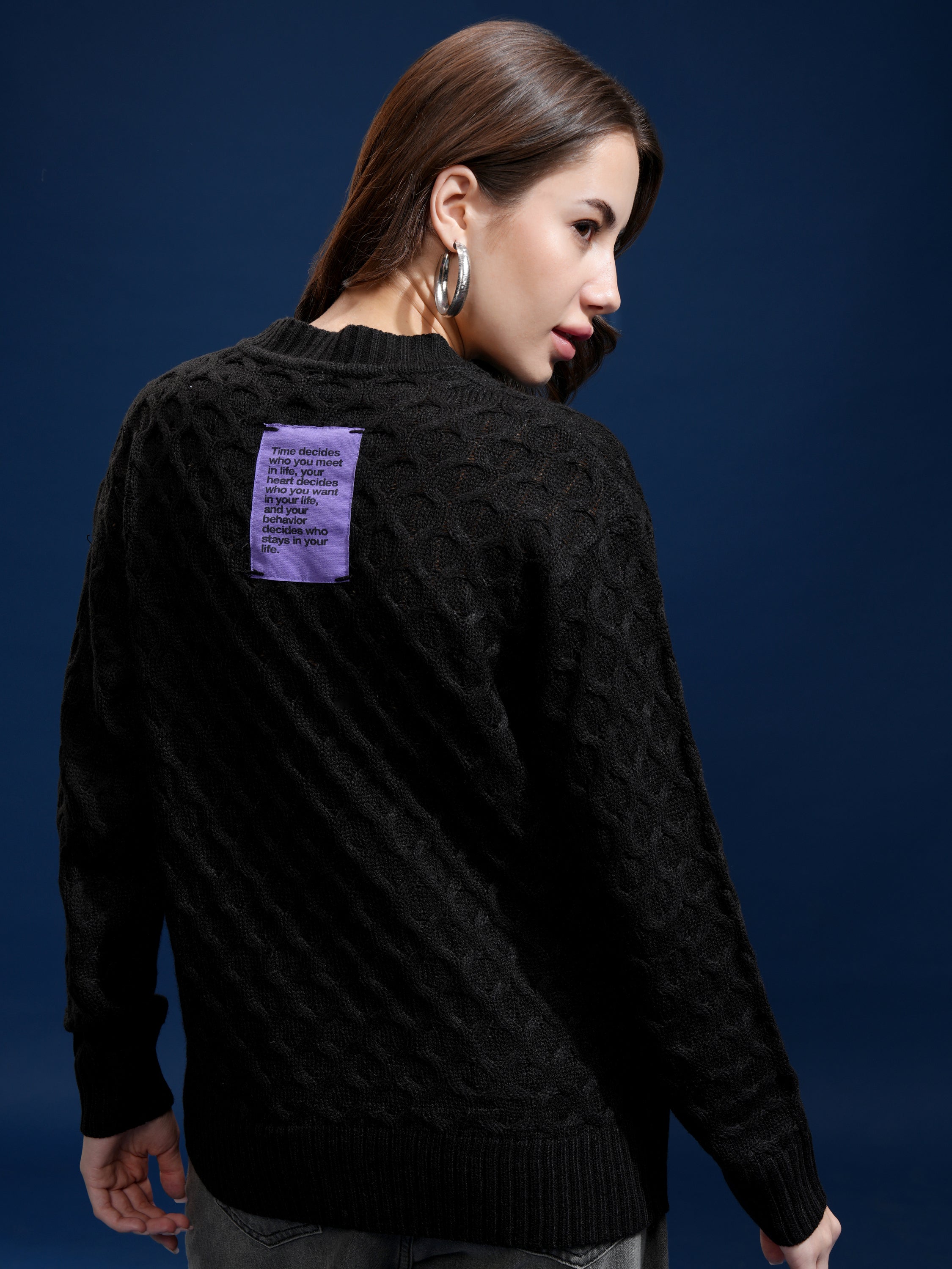 Tokyo Talkies Women Black Round Neck Sweater - Black - Image 3