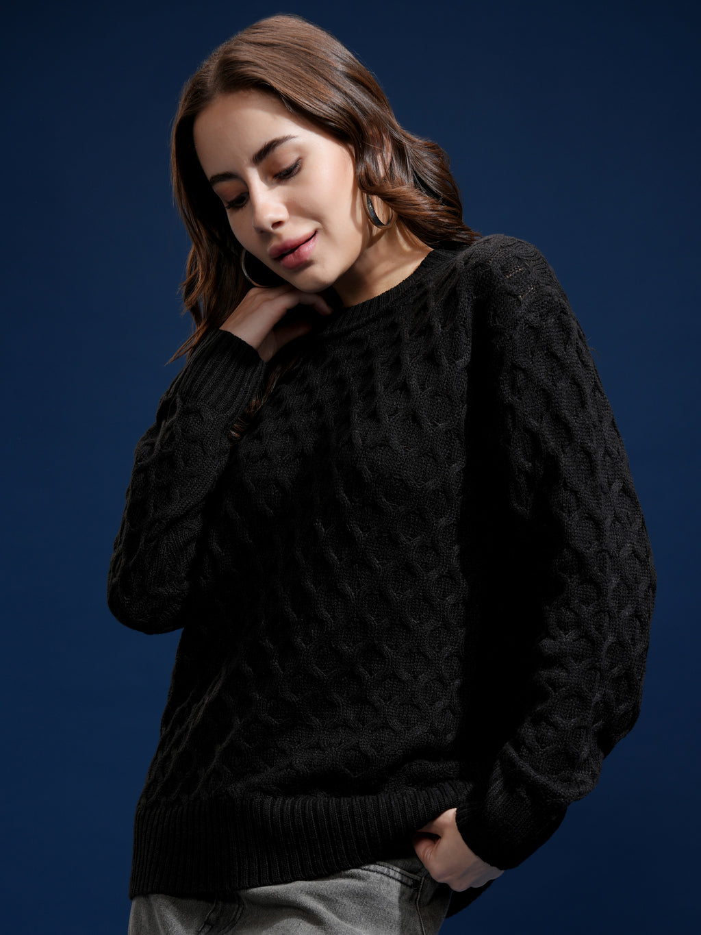 Tokyo Talkies Women Black Round Neck Sweater - Black - Image 4