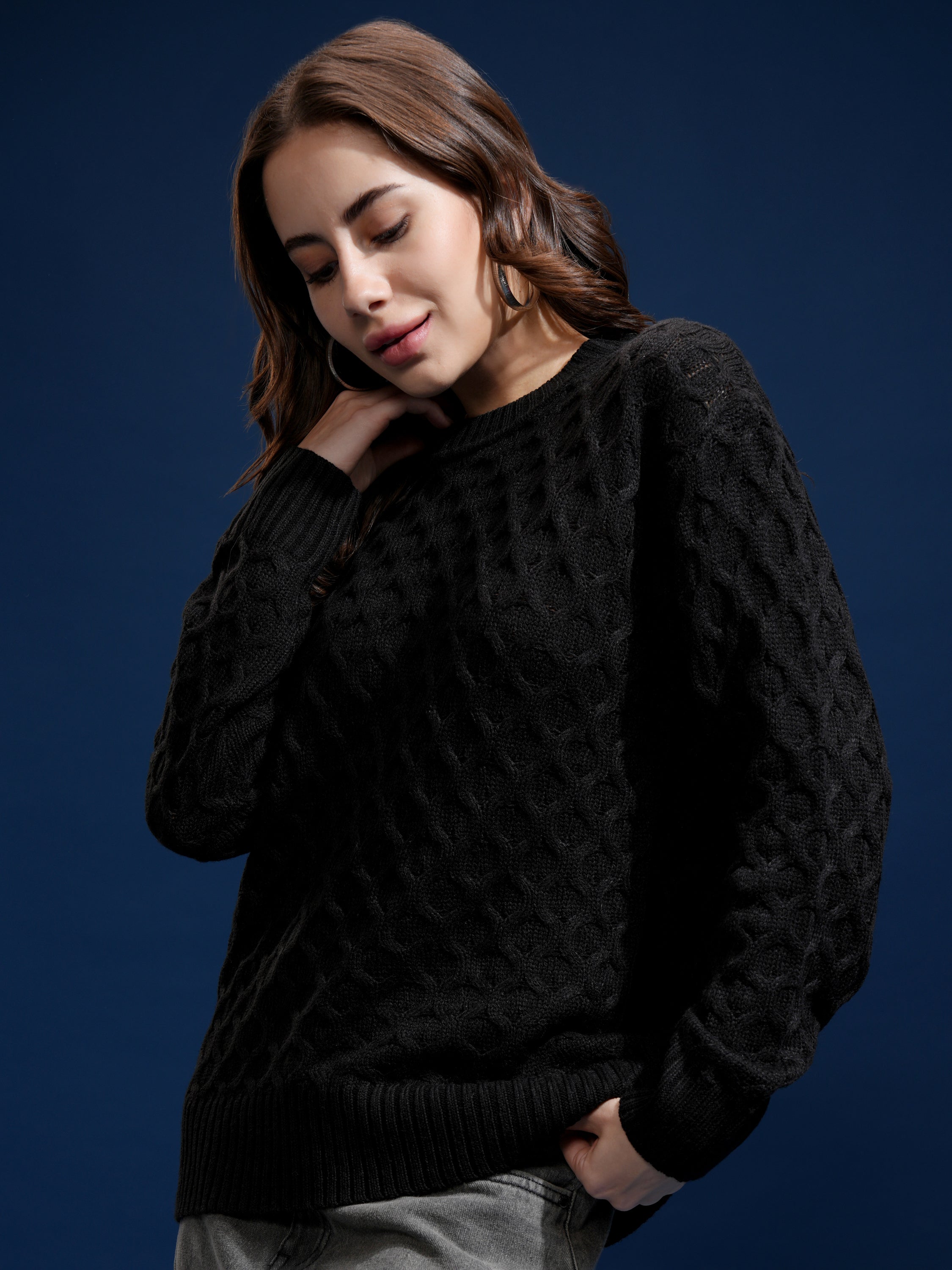 Tokyo Talkies Women Black Round Neck Sweater - Black - Image 4