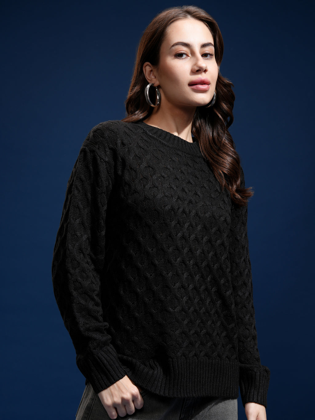 Tokyo Talkies Women Black Round Neck Sweater - Black - Image 6