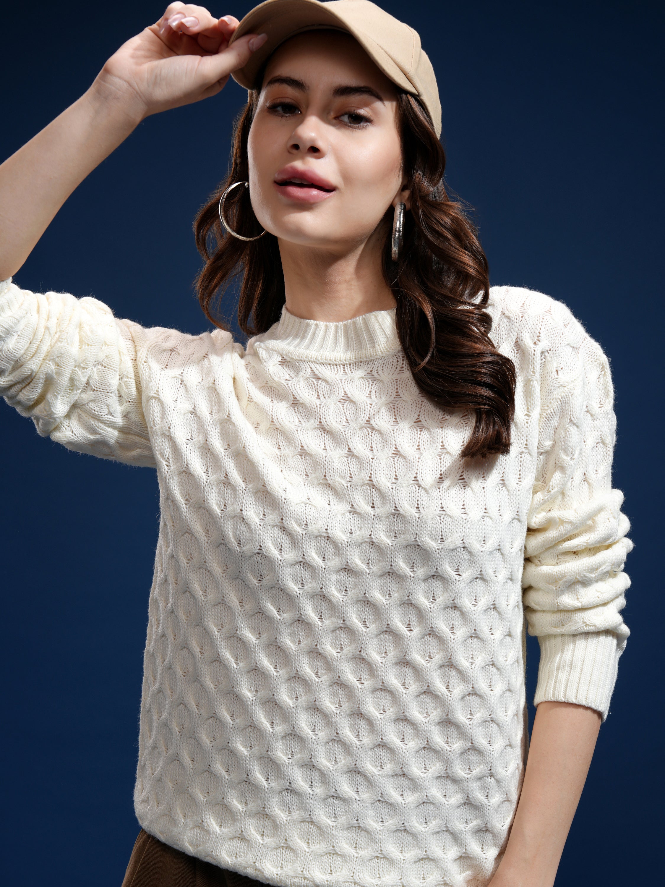 Tokyo Talkies Women Off White Round Neck Sweater - Off White - Image 1