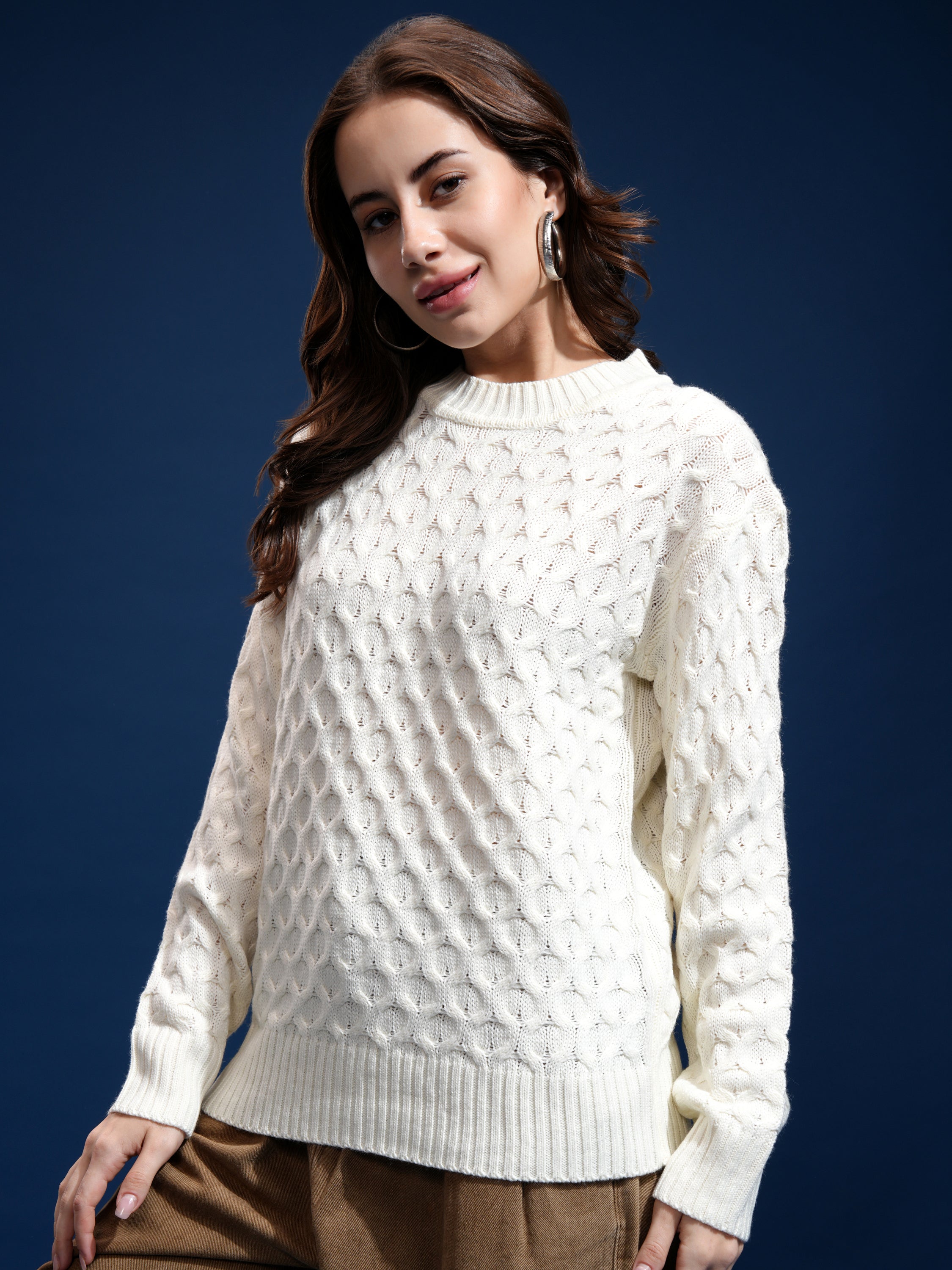 Tokyo Talkies Women Off White Round Neck Sweater - Off White - Image 4