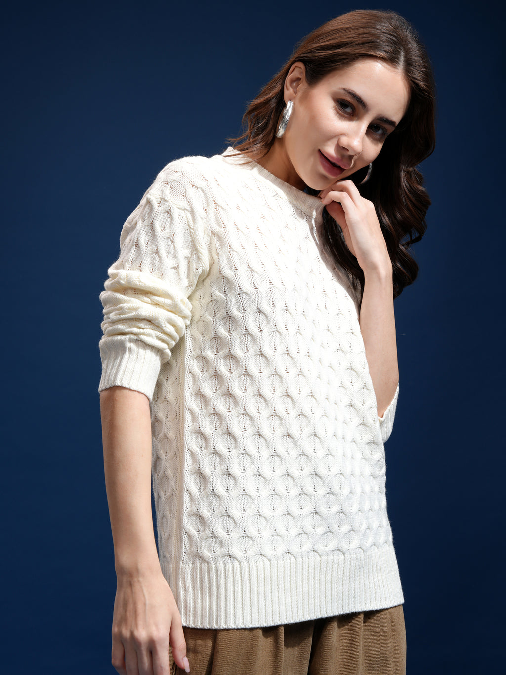 Tokyo Talkies Women Off White Round Neck Sweater - Off White - Image 6