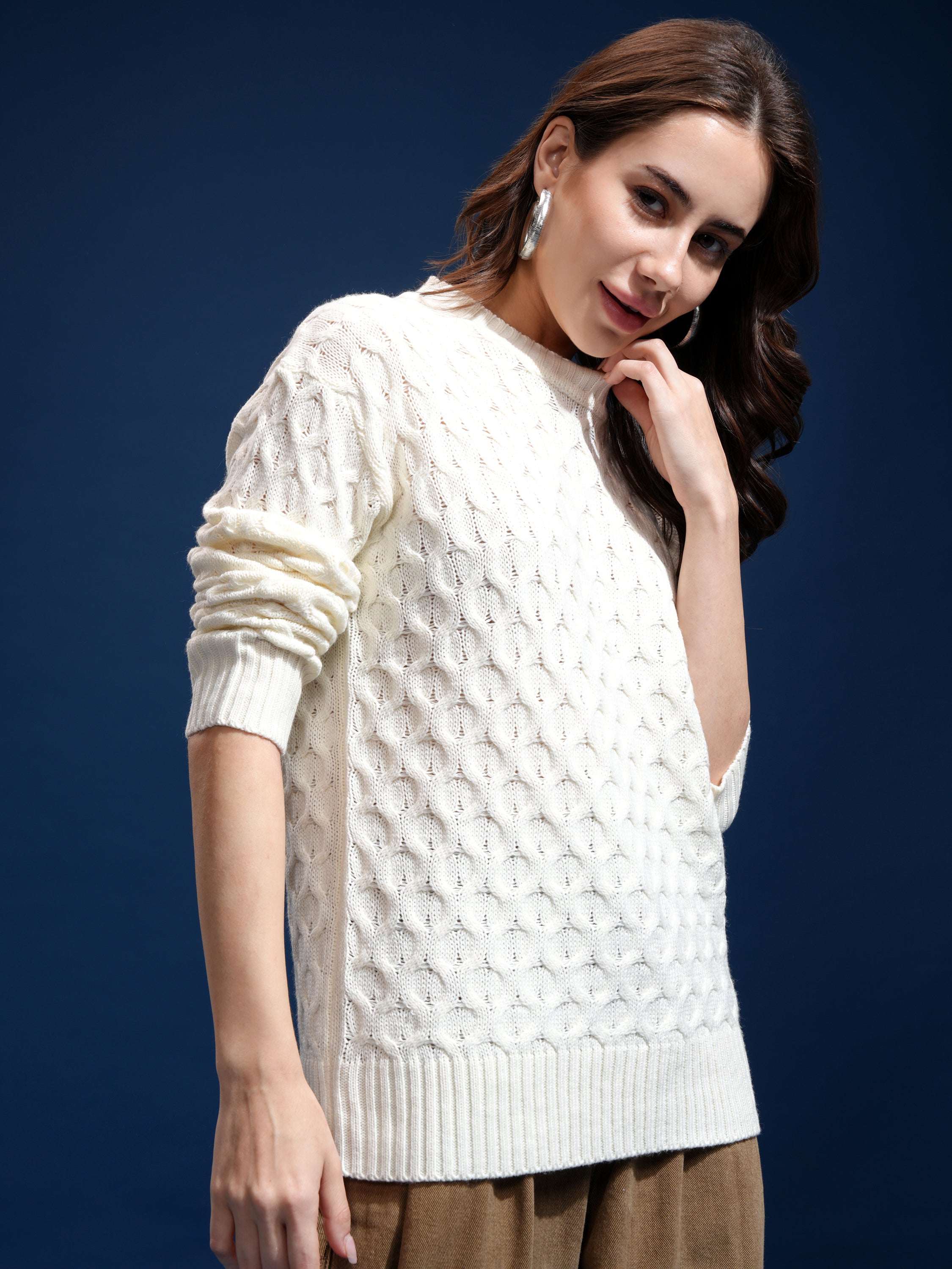 Tokyo Talkies Women Off White Round Neck Sweater - Off White - Image 6