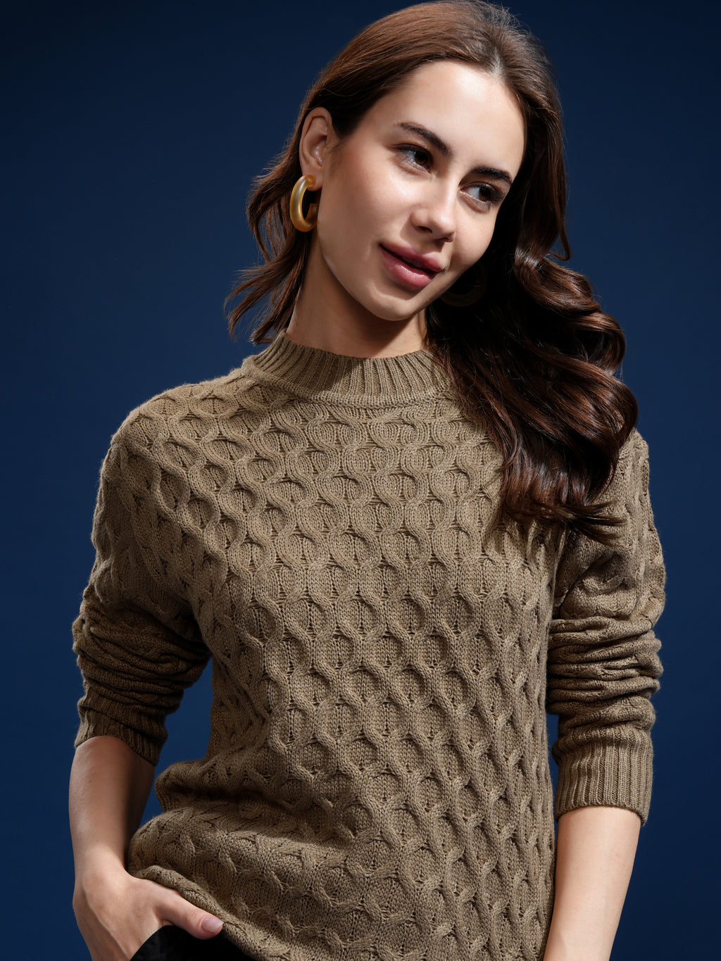 Tokyo Talkies Women Brown Round Neck Sweater - Brown - Image 1