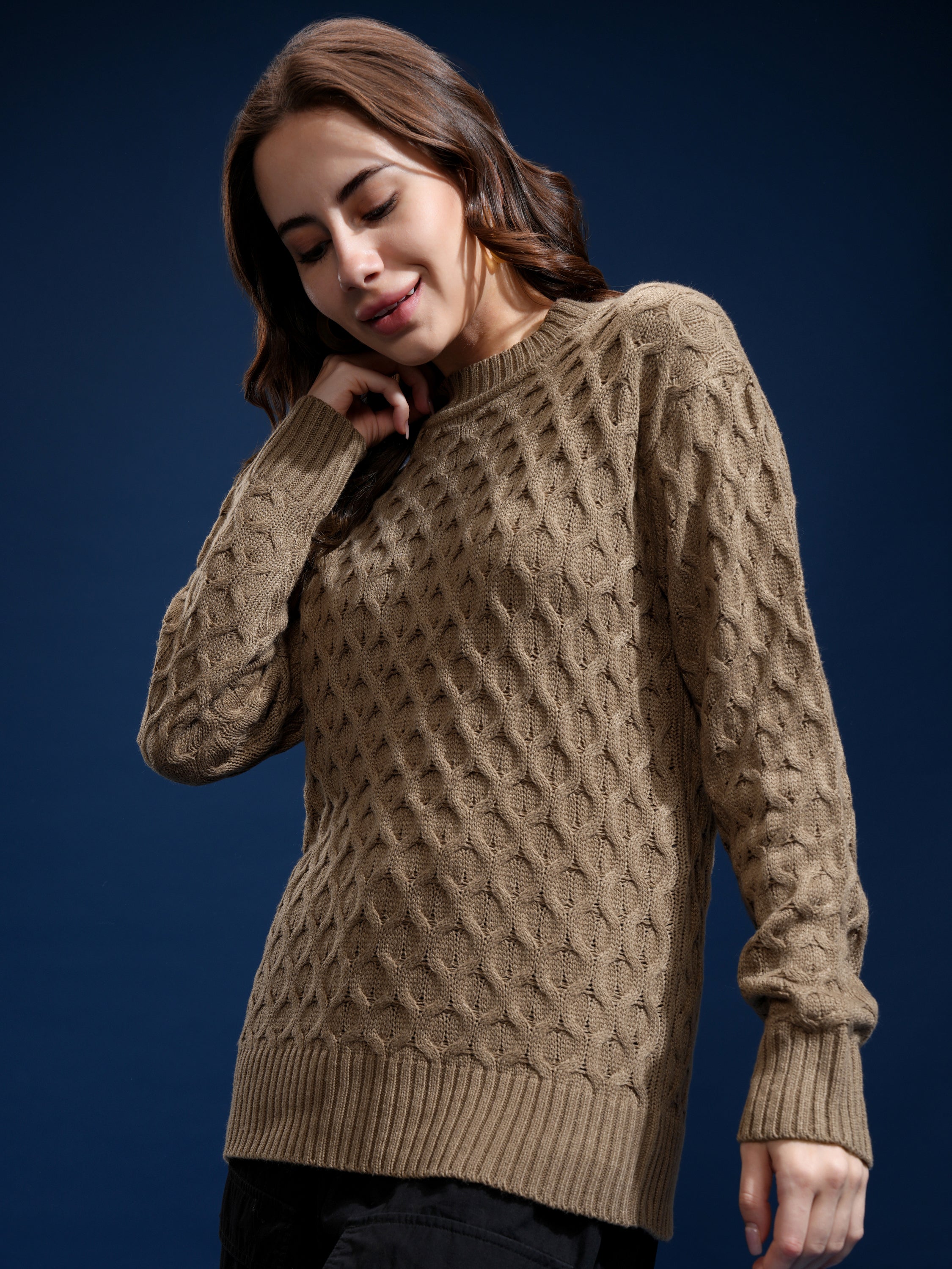 Tokyo Talkies Women Brown Round Neck Sweater - Brown - Image 4