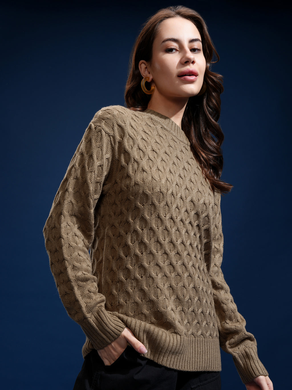 Tokyo Talkies Women Brown Round Neck Sweater - Brown - Image 6