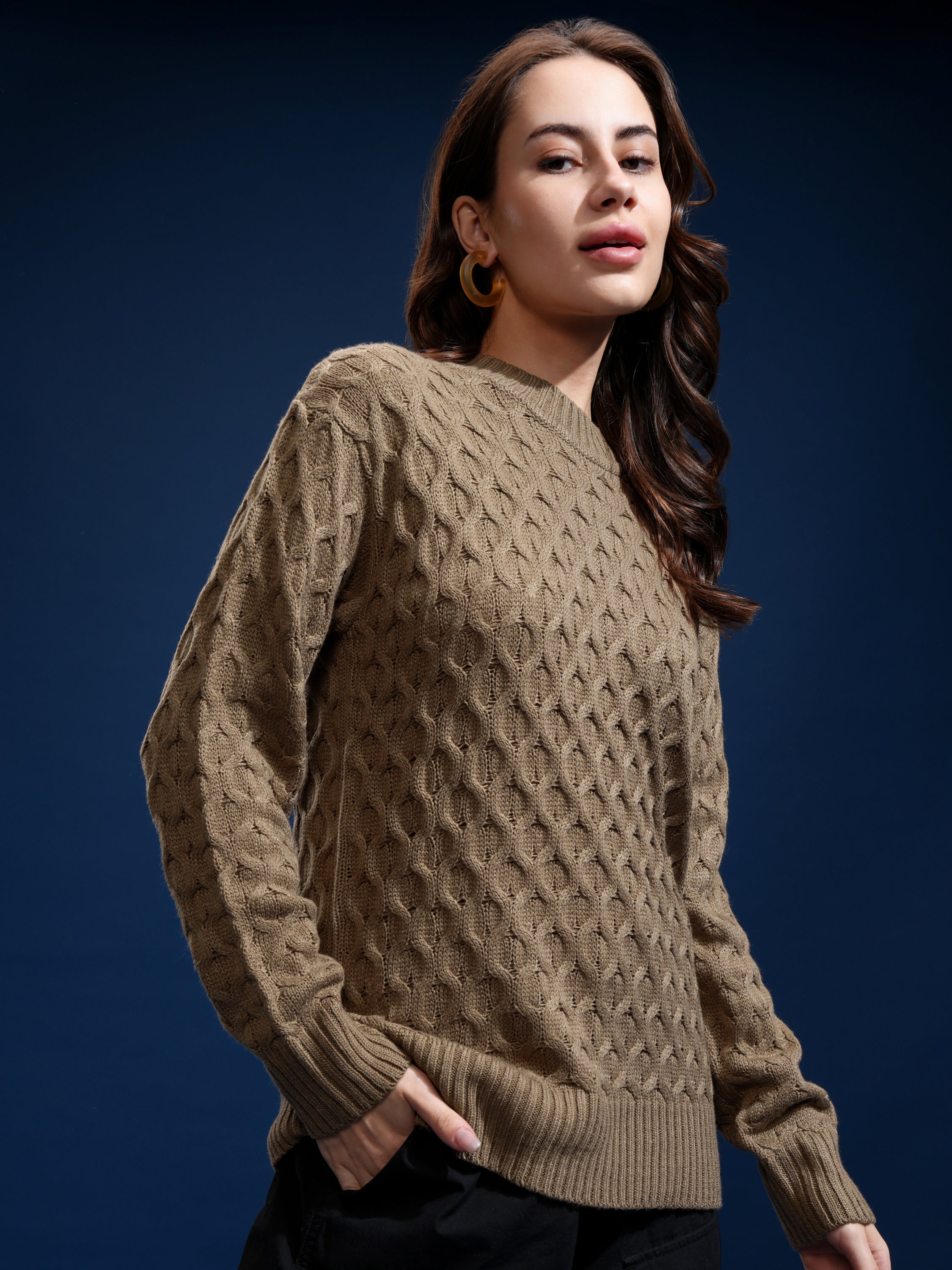 Tokyo Talkies Women Brown Round Neck Sweater - Brown - Image 6