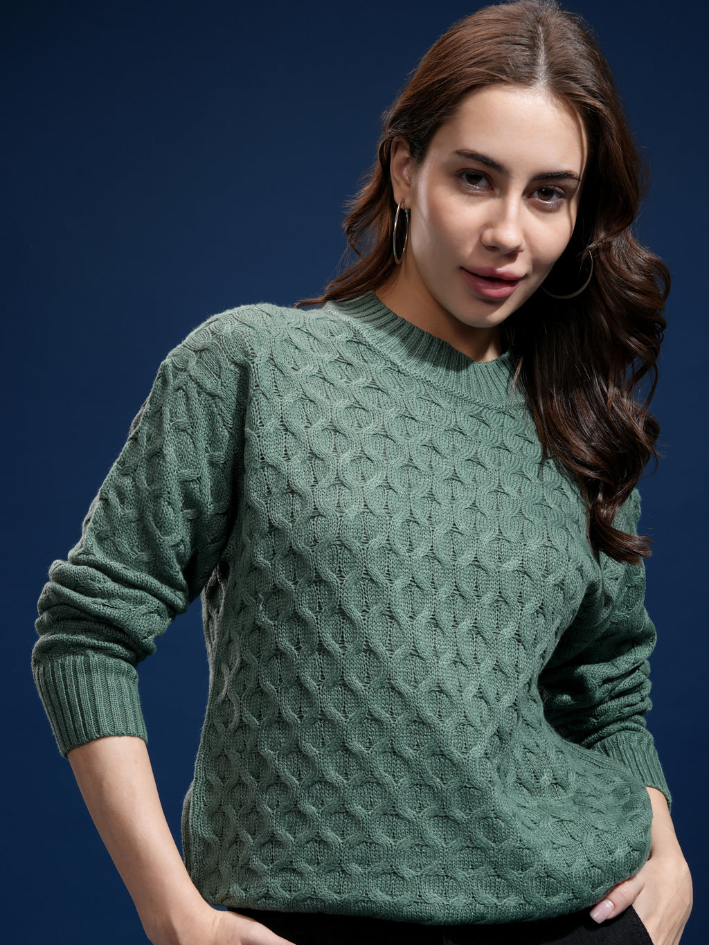 Tokyo Talkies Women Green Round Neck Sweater - Green - Image 1