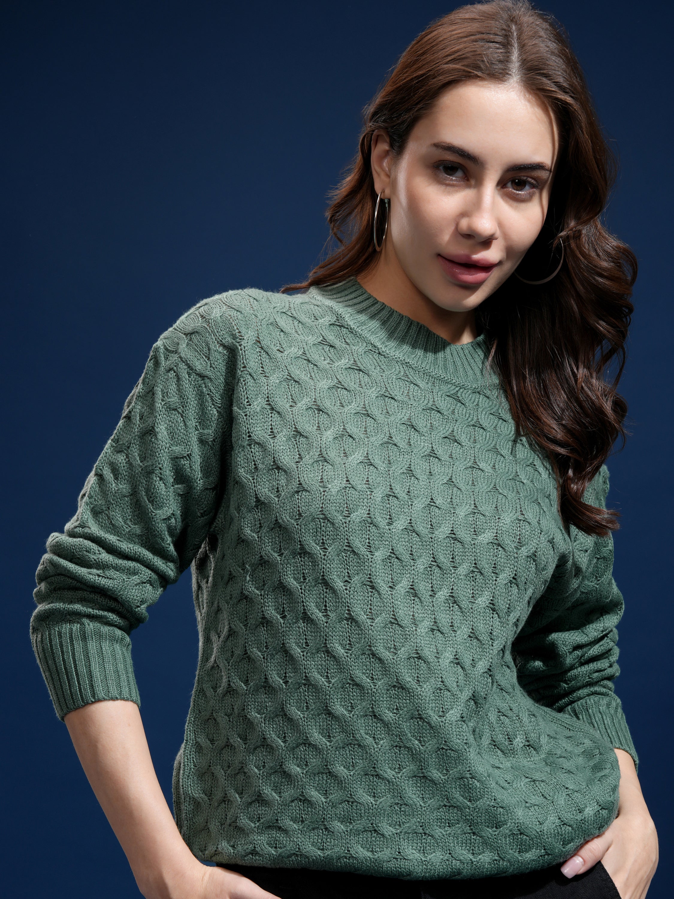 Tokyo Talkies Women Green Round Neck Sweater - Green - Image 1