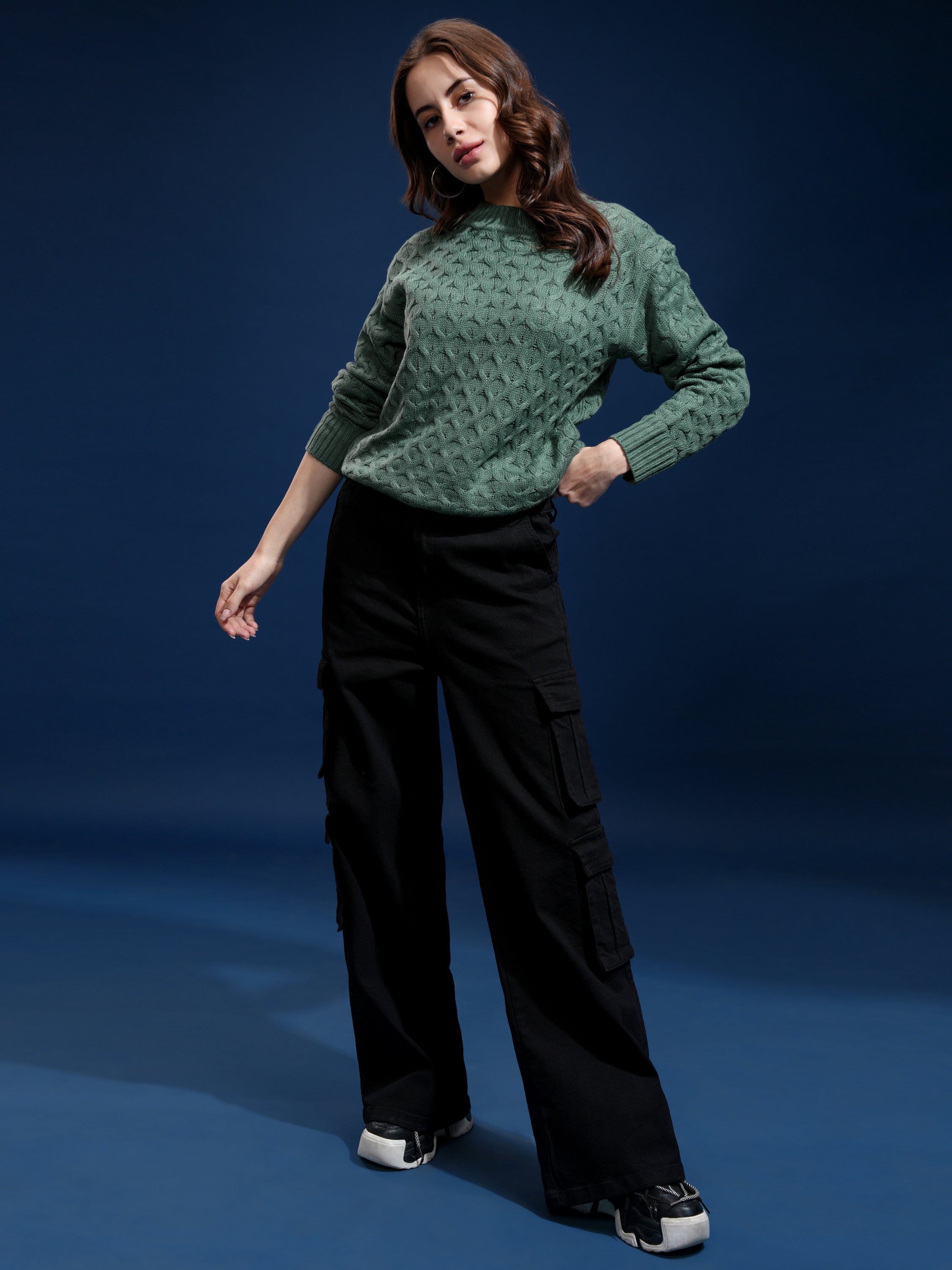 Tokyo Talkies Women Green Round Neck Sweater - Green - Image 2