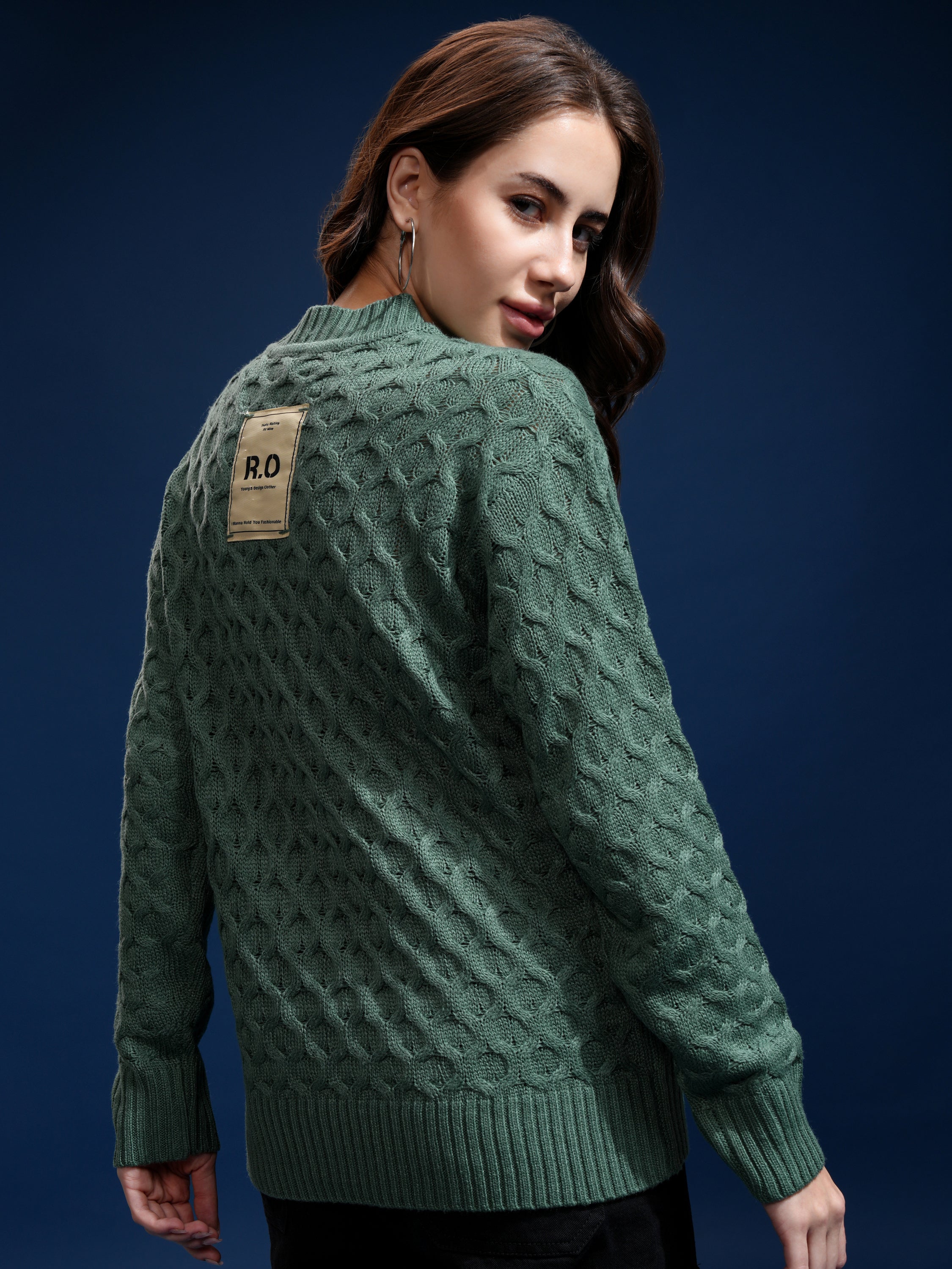 Tokyo Talkies Women Green Round Neck Sweater - Green - Image 3