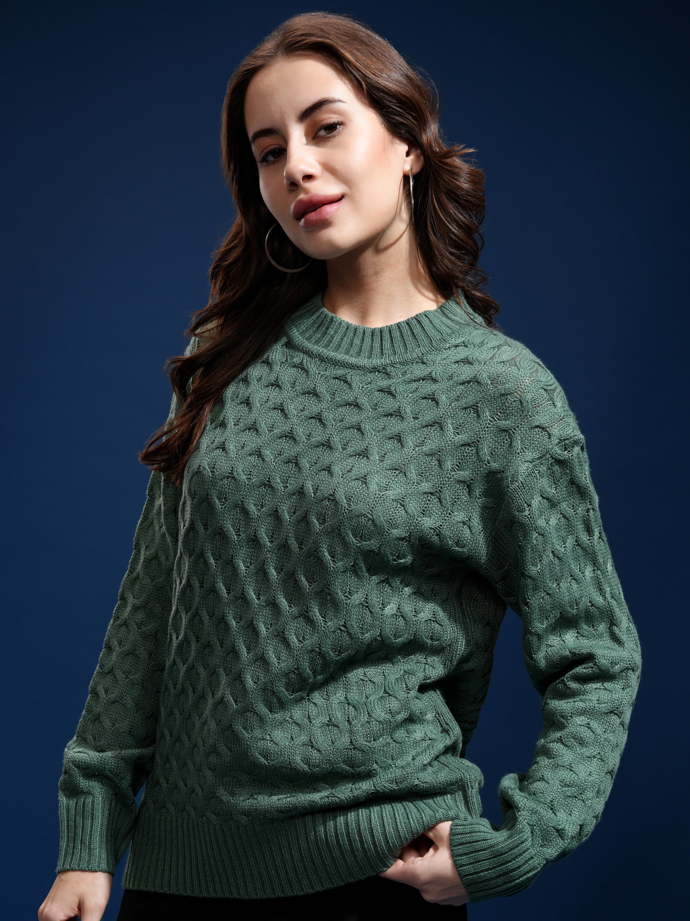Tokyo Talkies Women Green Round Neck Sweater - Green - Image 4