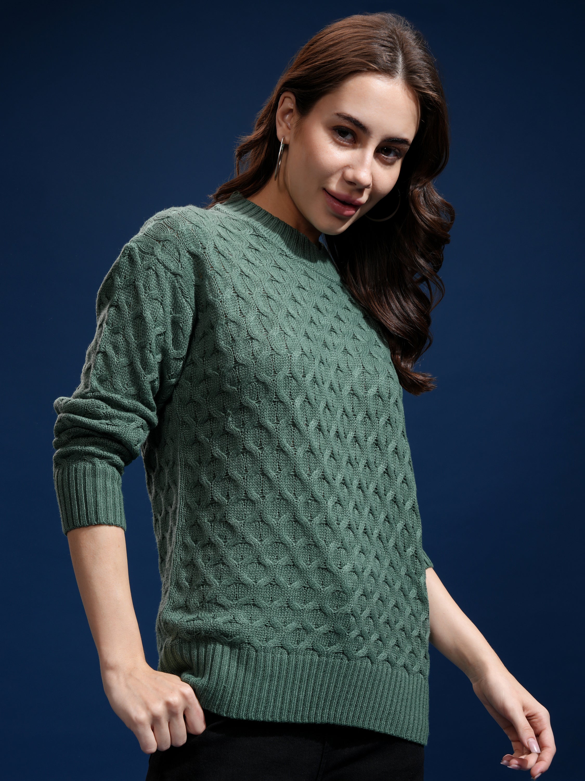 Tokyo Talkies Women Green Round Neck Sweater - Green - Image 6