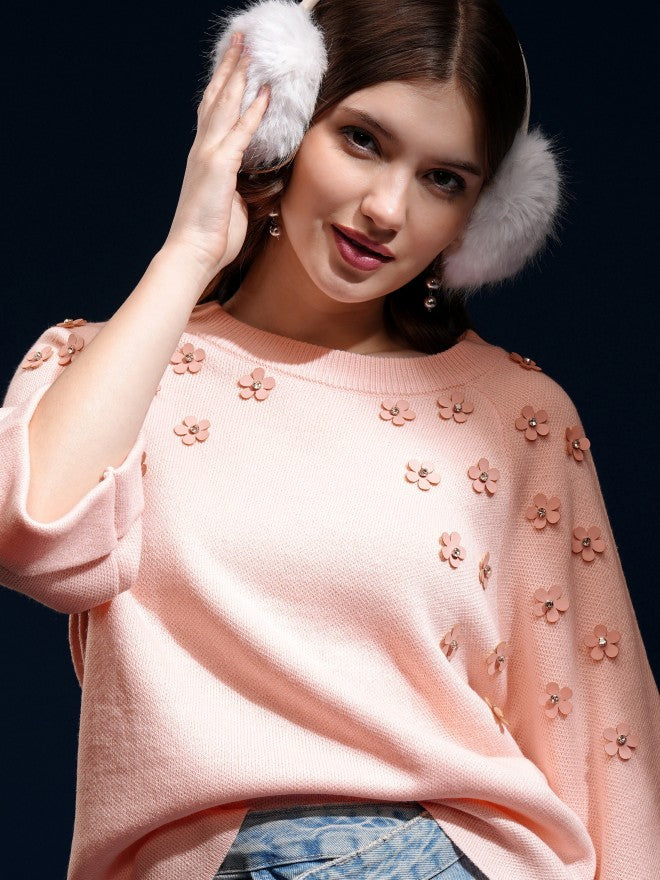 Tokyo Talkies Women Pink Round Neck Sweater - Pink - Image 1