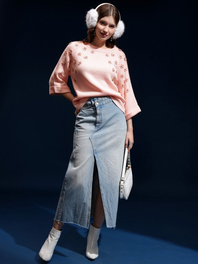 Tokyo Talkies Women Pink Round Neck Sweater - Pink - Image 2