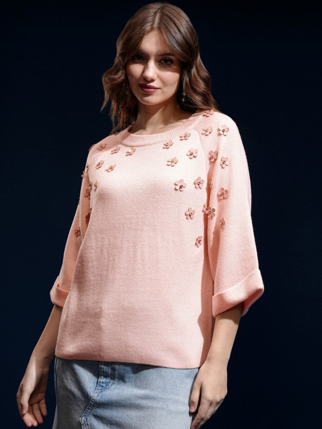 Tokyo Talkies Women Pink Round Neck Sweater - Pink - Image 4