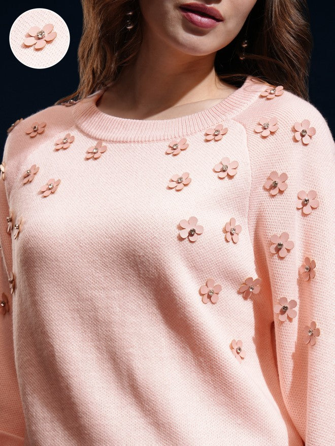 Tokyo Talkies Women Pink Round Neck Sweater - Pink - Image 5