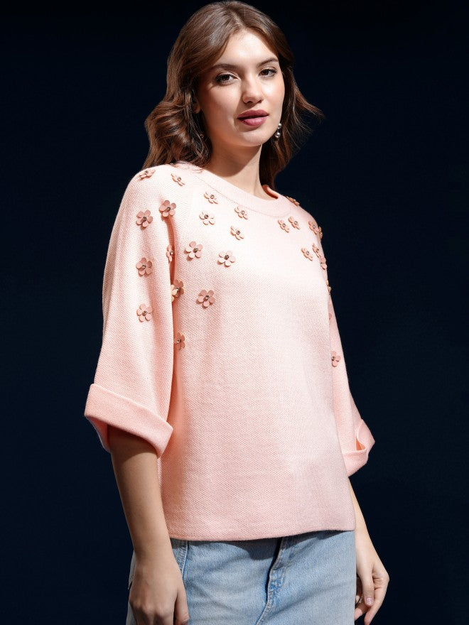 Tokyo Talkies Women Pink Round Neck Sweater - Pink - Image 6