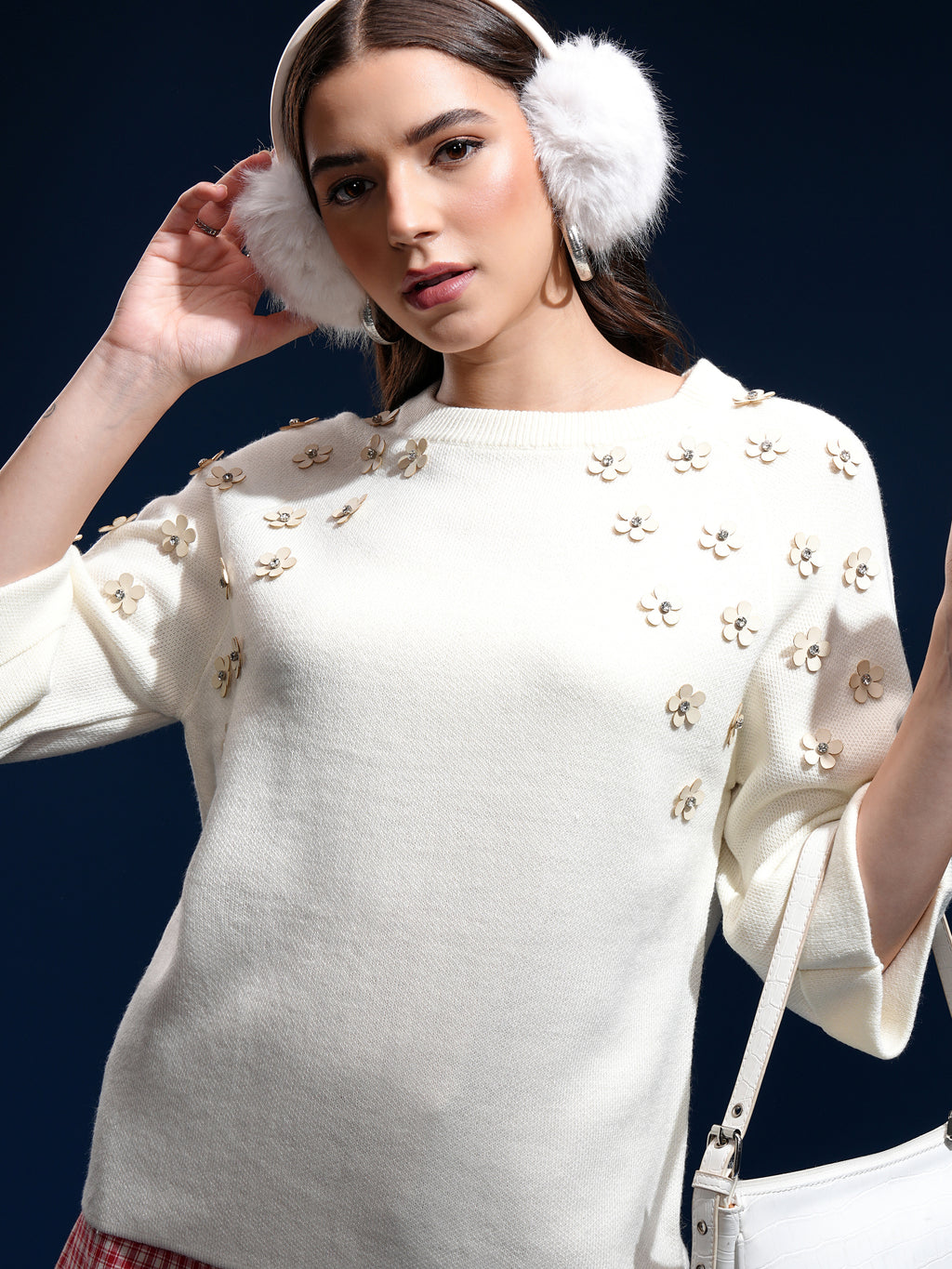 Tokyo Talkies Women Off White Round Neck Sweater - Off White - Image 1