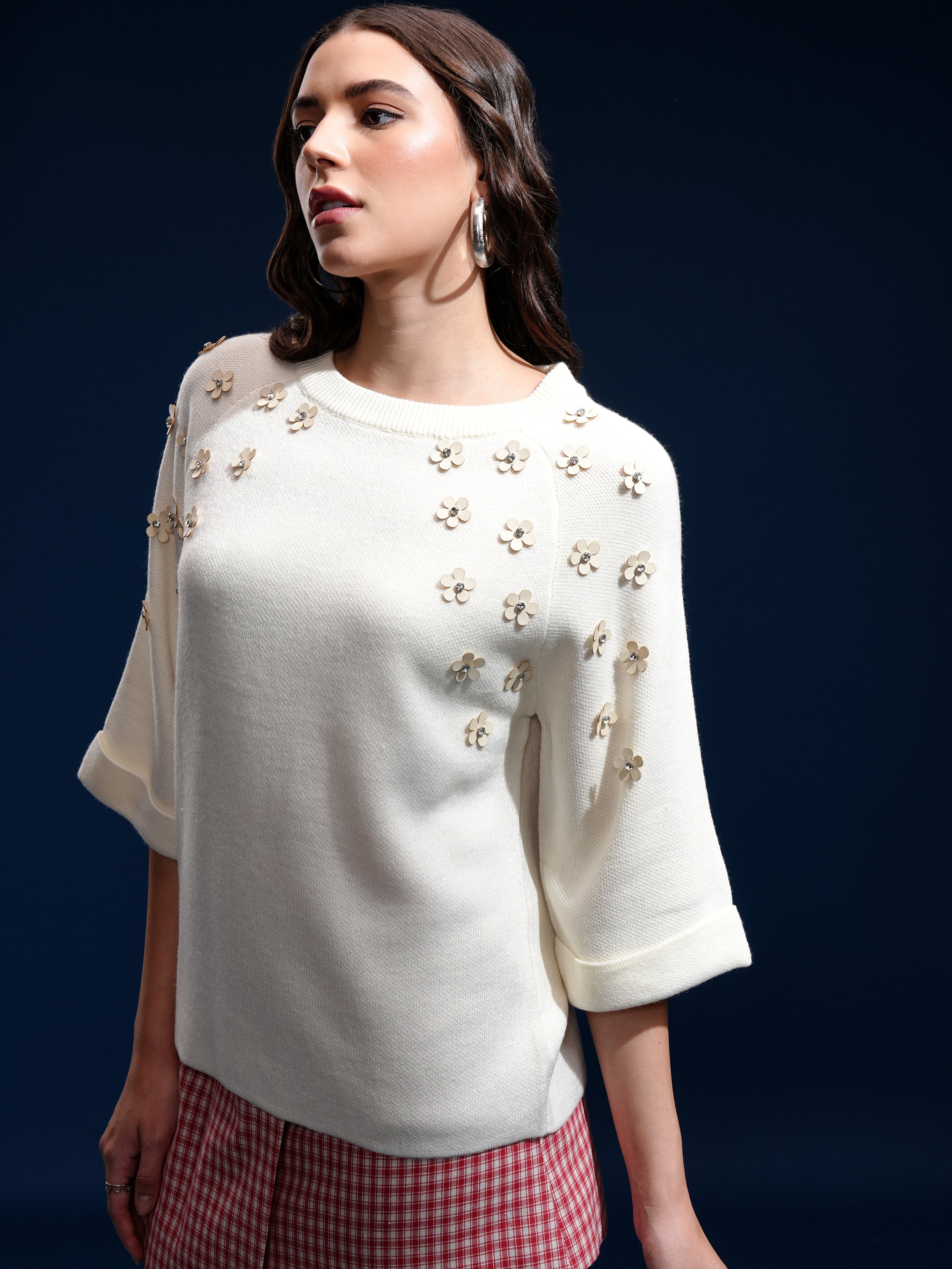 Tokyo Talkies Women Off White Round Neck Sweater - Off White - Image 4