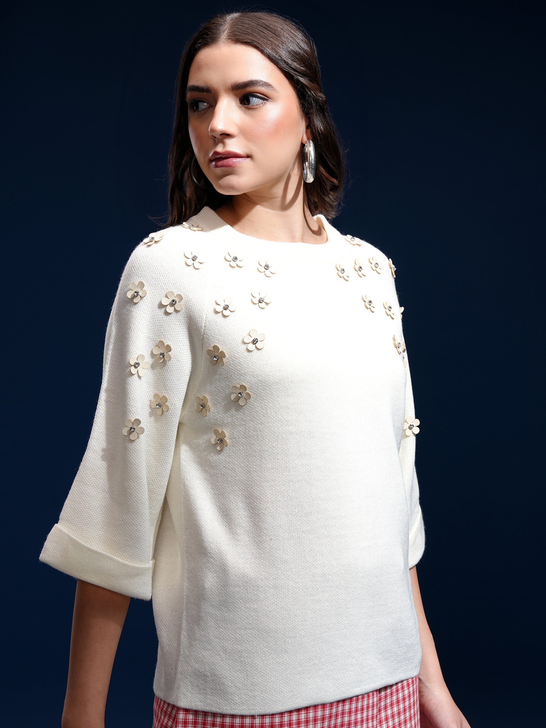 Tokyo Talkies Women Off White Round Neck Sweater - Off White - Image 6