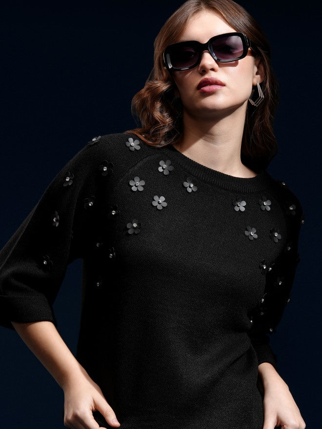 Tokyo Talkies Women Black Round Neck Sweater - Black - Image 1