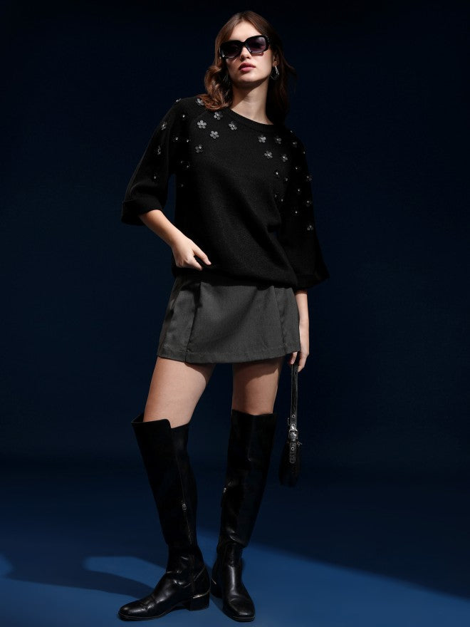 Tokyo Talkies Women Black Round Neck Sweater - Black - Image 2