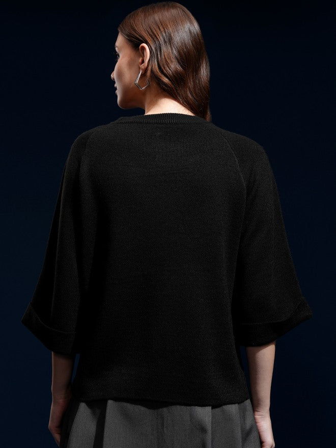 Tokyo Talkies Women Black Round Neck Sweater - Black - Image 3
