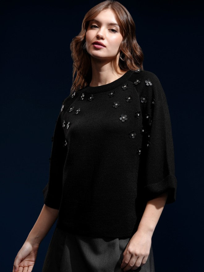 Tokyo Talkies Women Black Round Neck Sweater - Black - Image 4