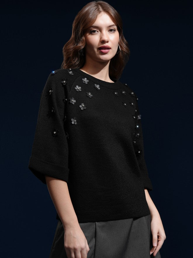 Tokyo Talkies Women Black Round Neck Sweater - Black - Image 6