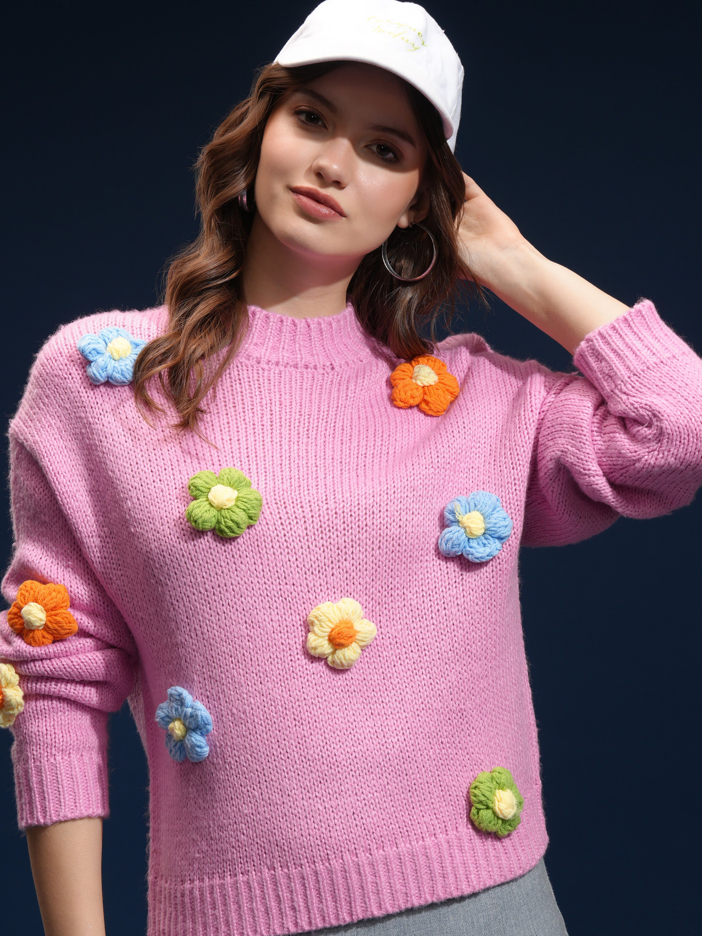 Tokyo Talkies Women Pink Round Neck Sweater - Pink - Image 1