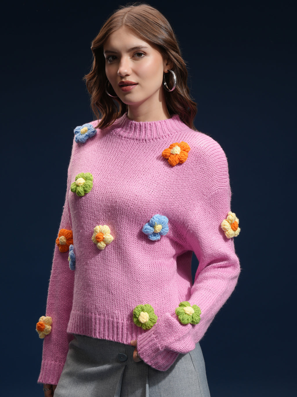 Tokyo Talkies Women Pink Round Neck Sweater - Pink - Image 4