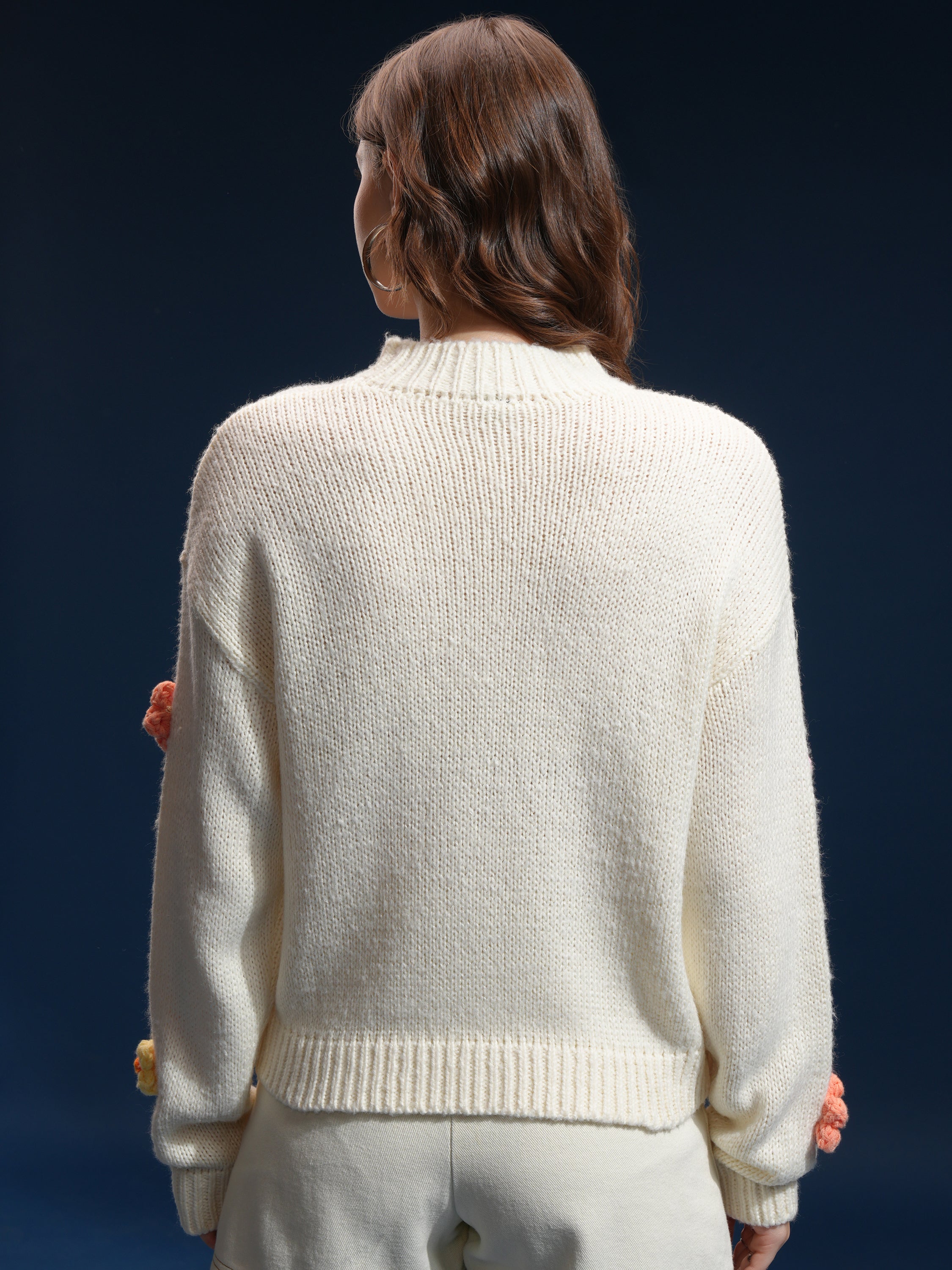 Tokyo Talkies Women Cream Round Neck Sweater - Cream - Image 3