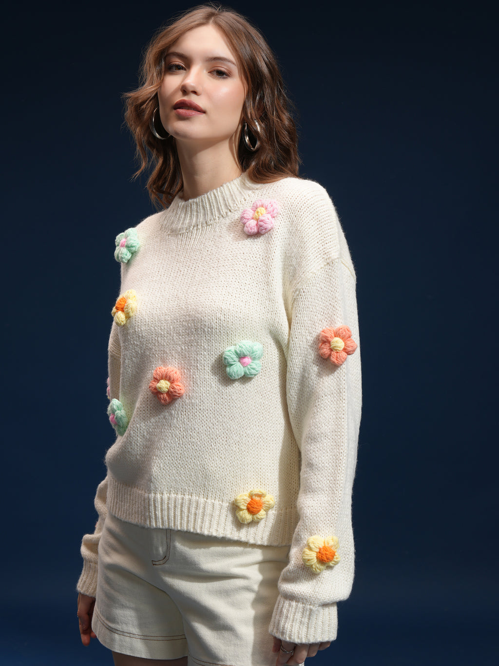 Tokyo Talkies Women Cream Round Neck Sweater - Cream - Image 4