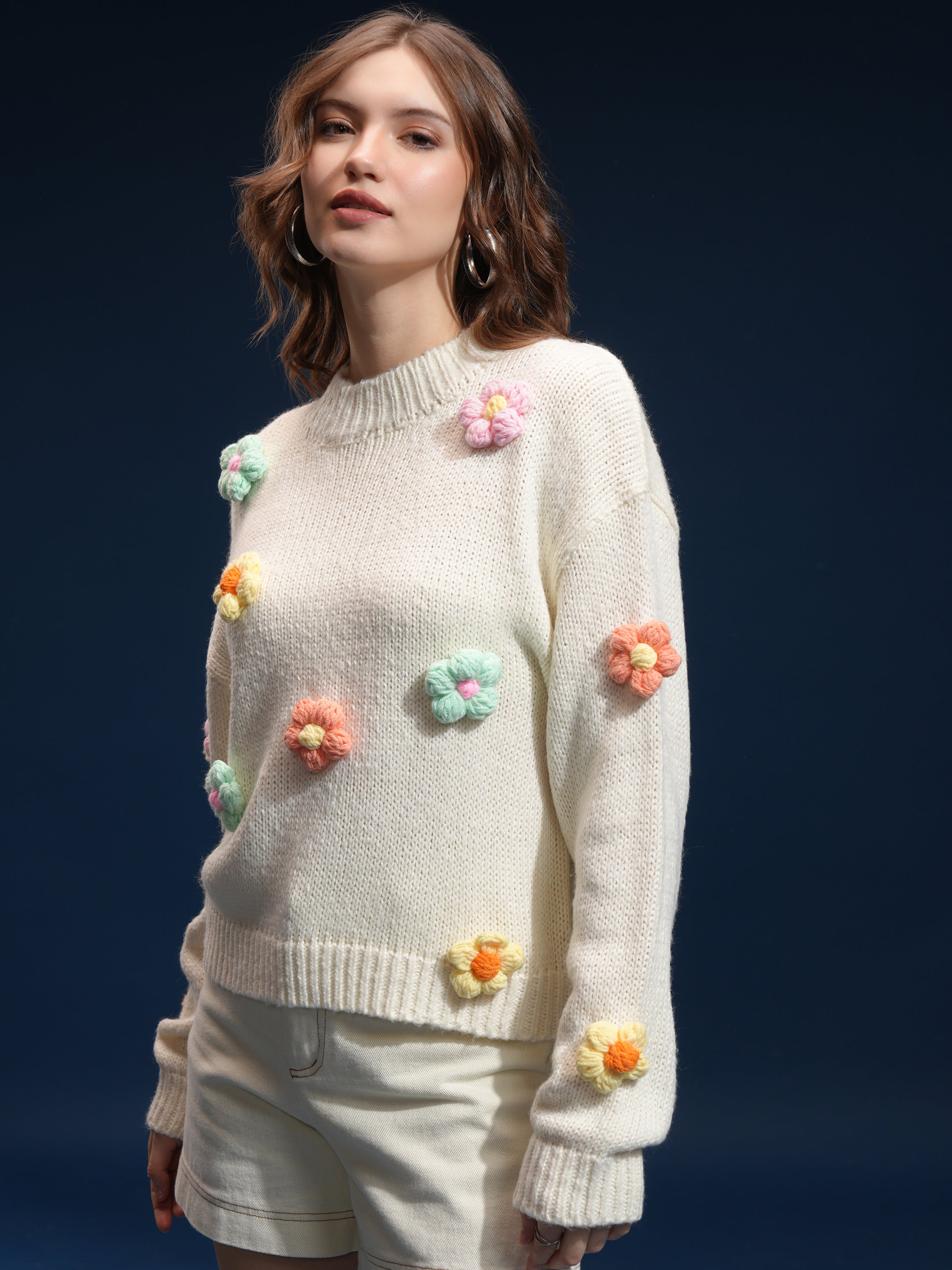 Tokyo Talkies Women Cream Round Neck Sweater - Cream - Image 4