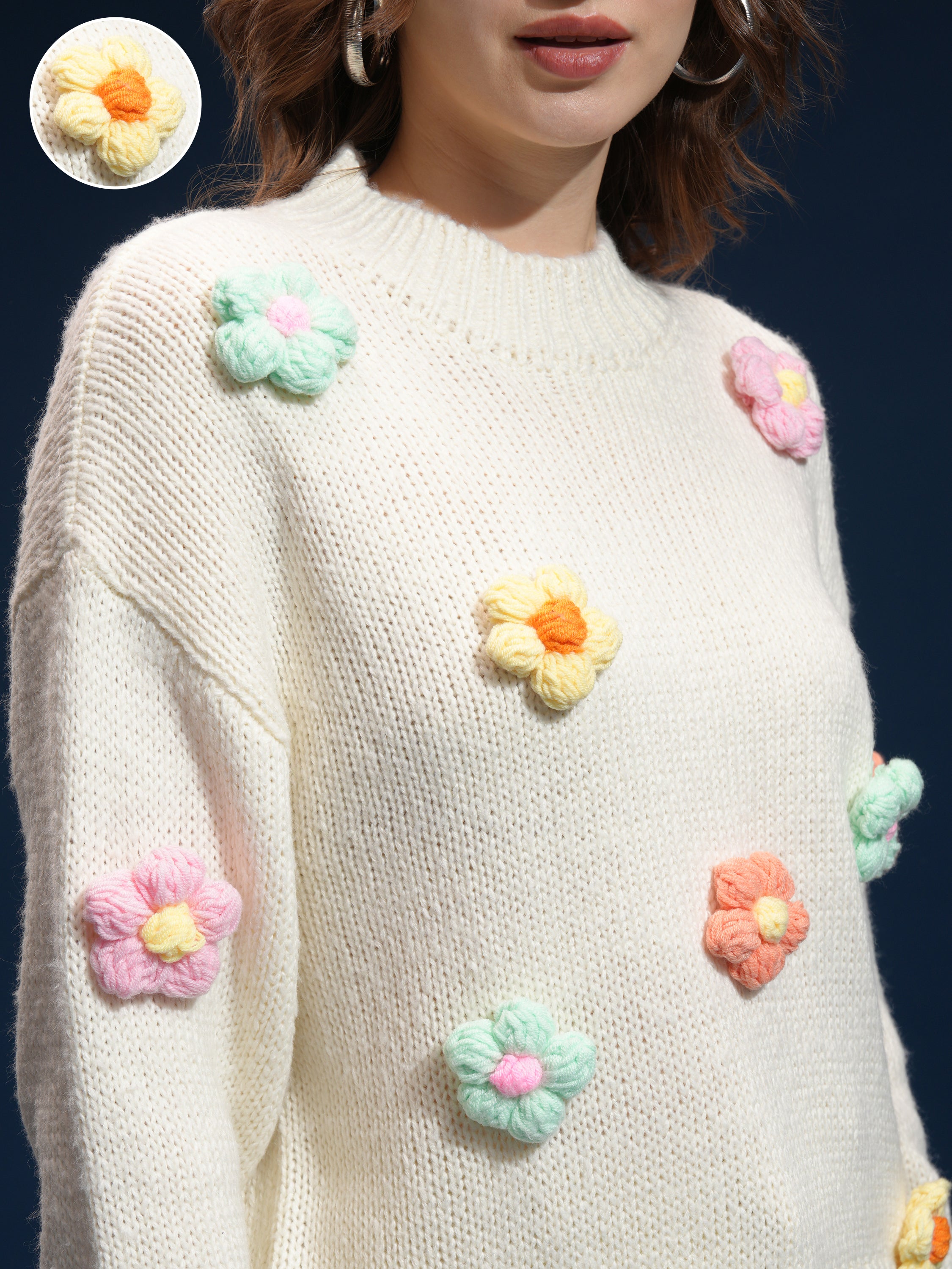Tokyo Talkies Women Cream Round Neck Sweater - Cream - Image 5
