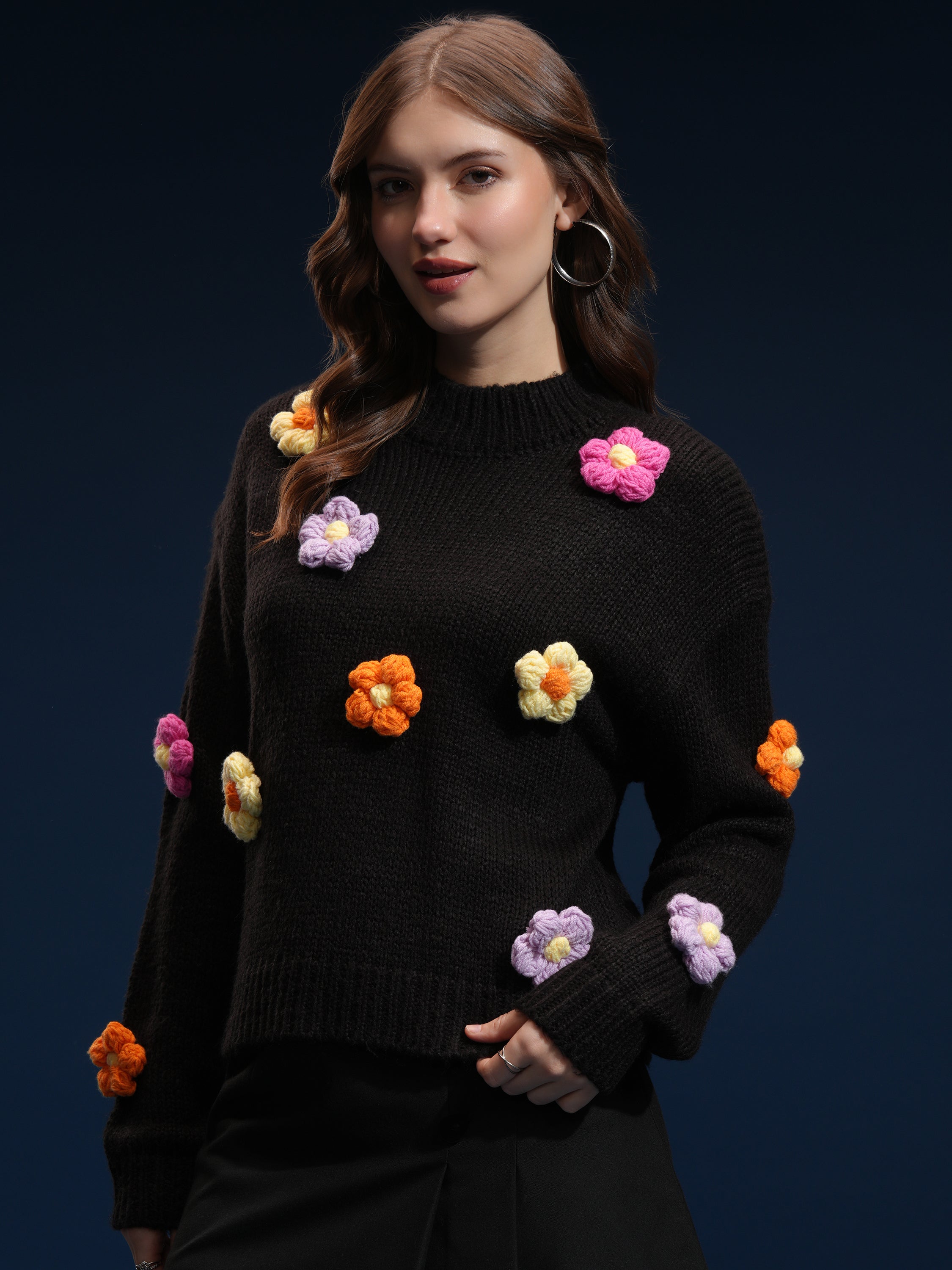 Tokyo Talkies Women Black Round Neck Sweater - Black - Image 4