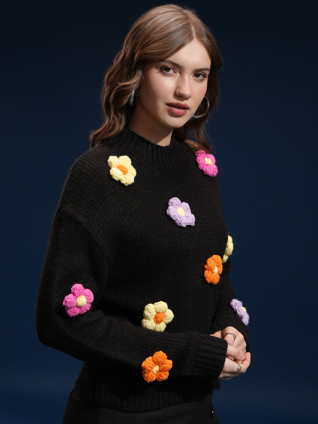 Tokyo Talkies Women Black Round Neck Sweater - Black - Image 6