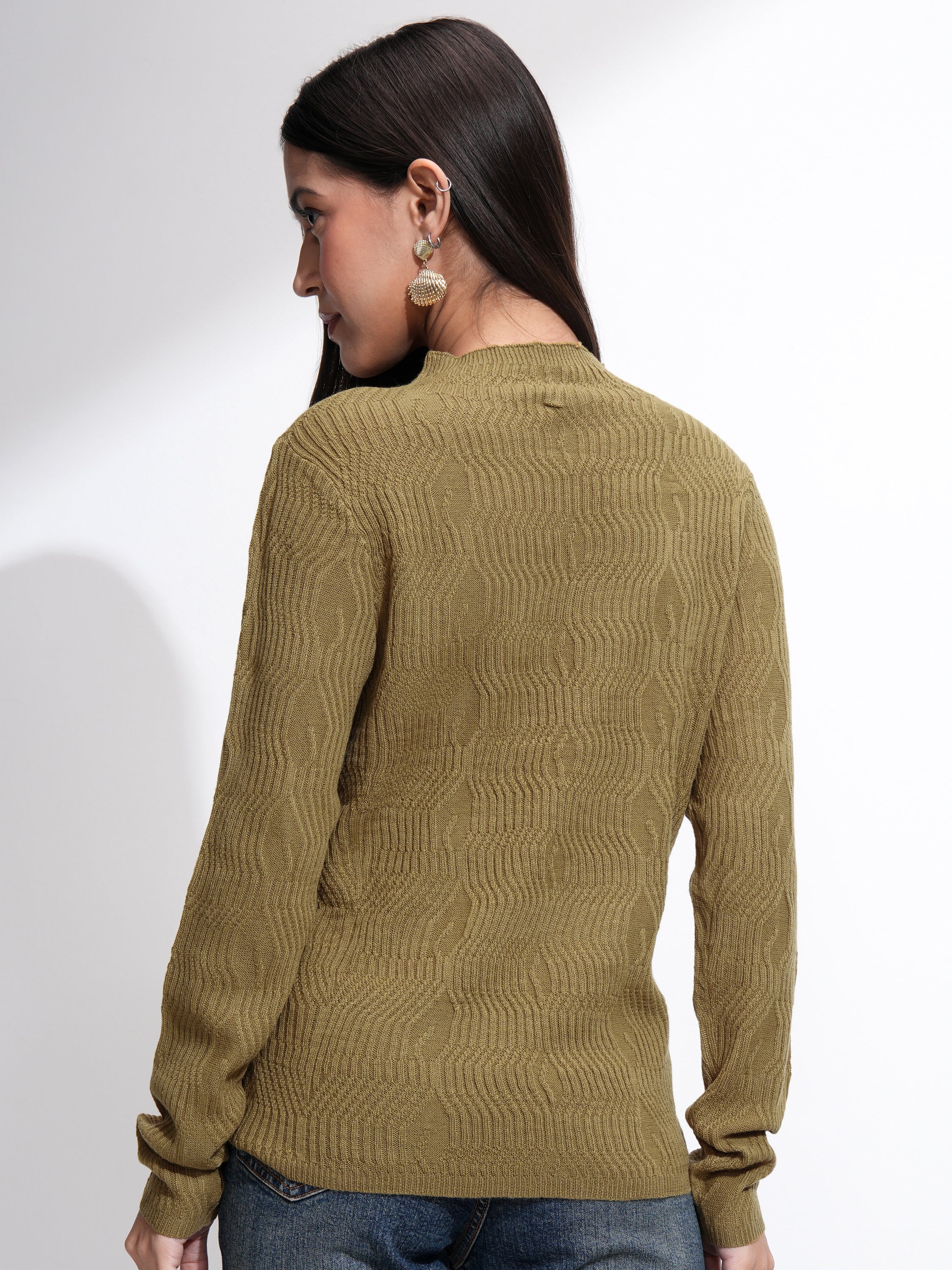 Tokyo Talkies Women Olive Mock Collar Sweater - Olive - Image 3