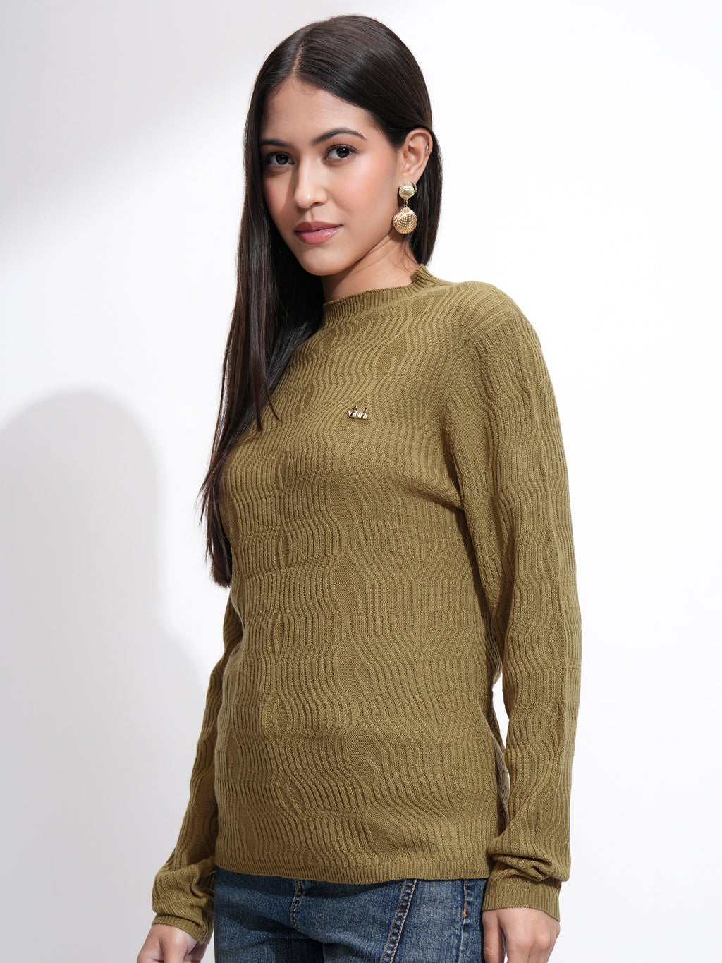 Tokyo Talkies Women Olive Mock Collar Sweater - Olive - Image 4