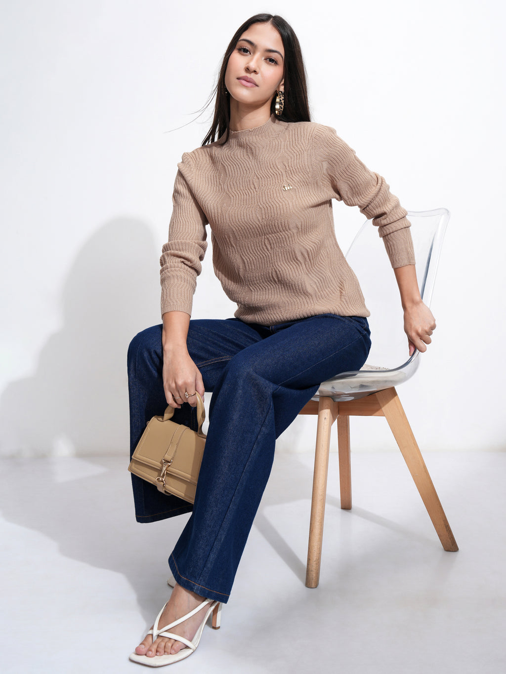 Tokyo Talkies Women Brown Mock Collar Sweater - Brown - Image 2