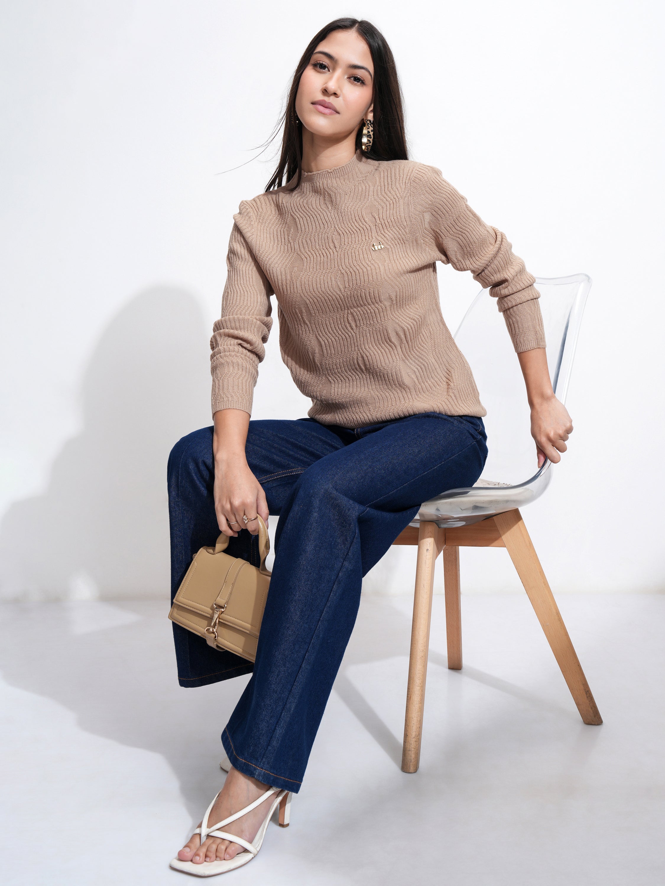 Tokyo Talkies Women Brown Mock Collar Sweater - Brown - Image 2
