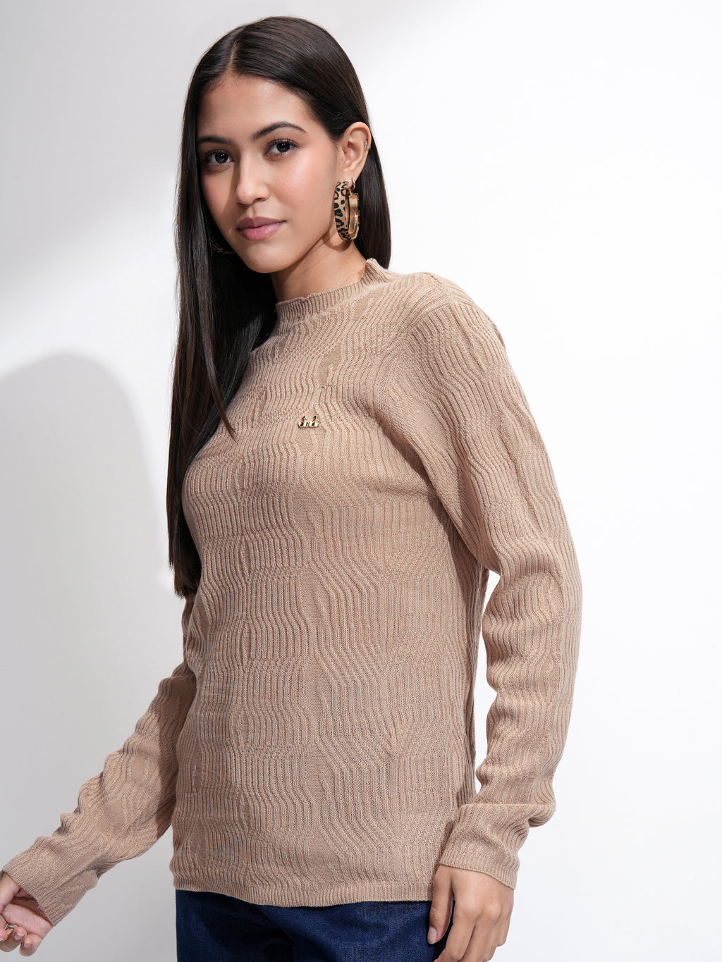 Tokyo Talkies Women Brown Mock Collar Sweater - Brown - Image 4