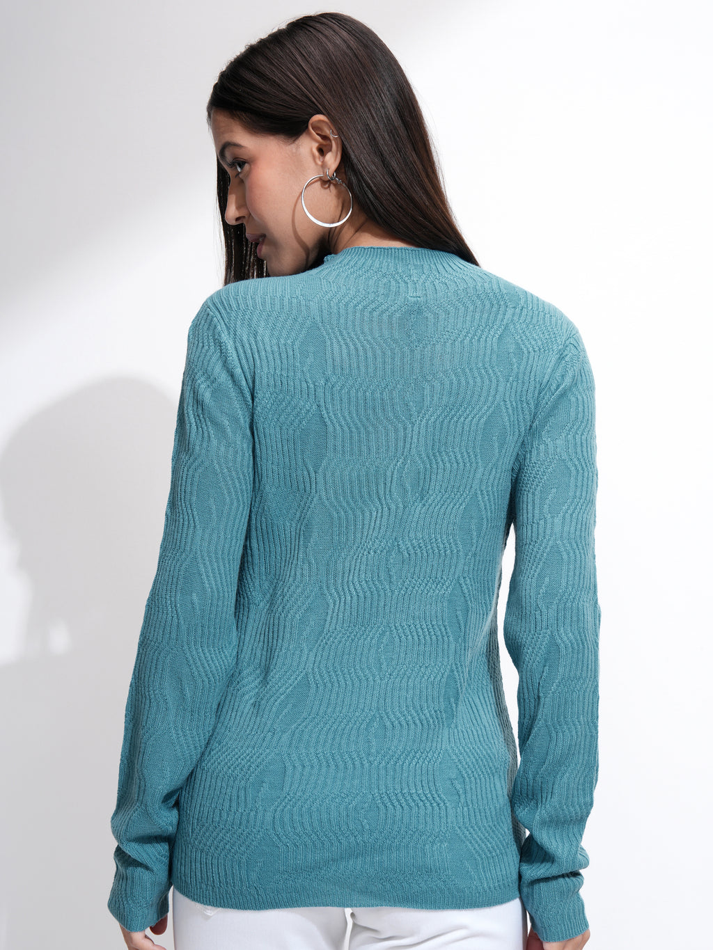 Tokyo Talkies Women Blue Mock Collar Sweater - Blue - Image 3