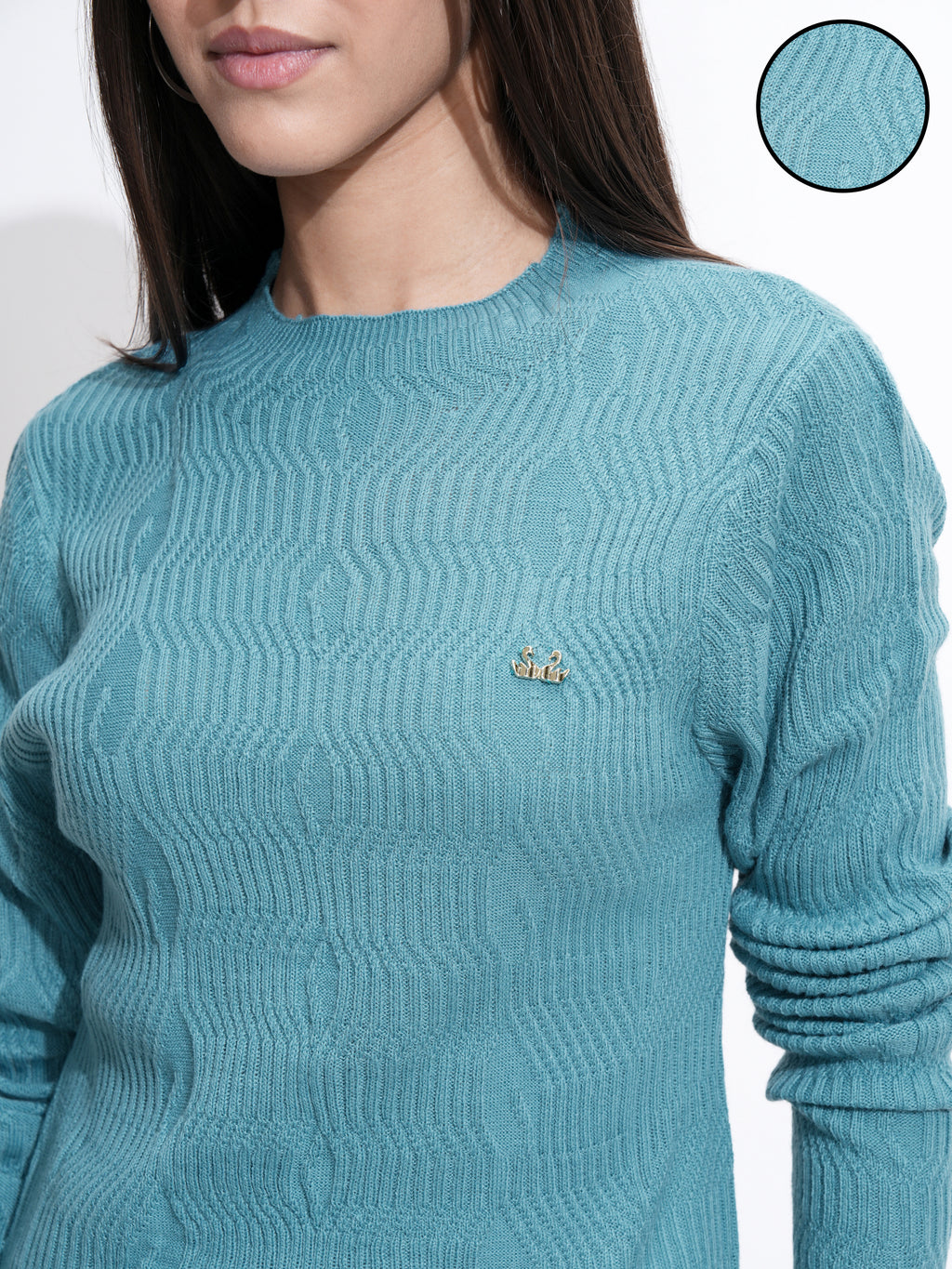 Tokyo Talkies Women Blue Mock Collar Sweater - Blue - Image 5